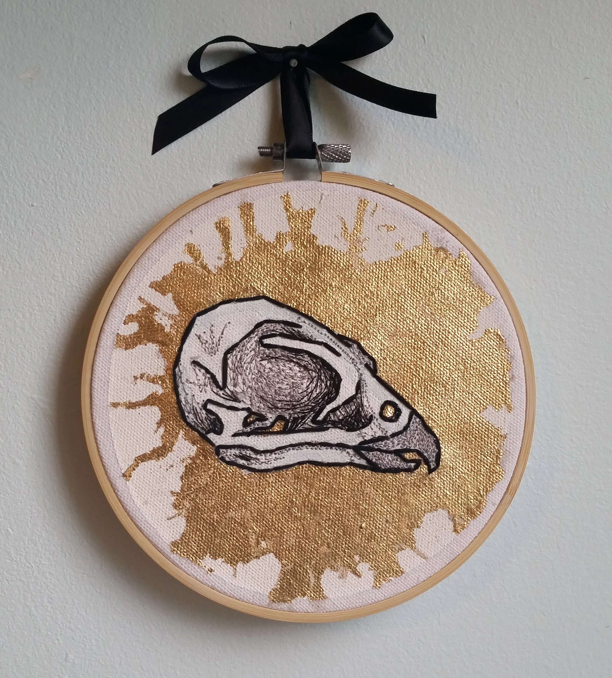 Falco peregrinus (Peregrine falcon) , metal leaf, thread, and embroidery floss on canvas, 6" x 6", $300