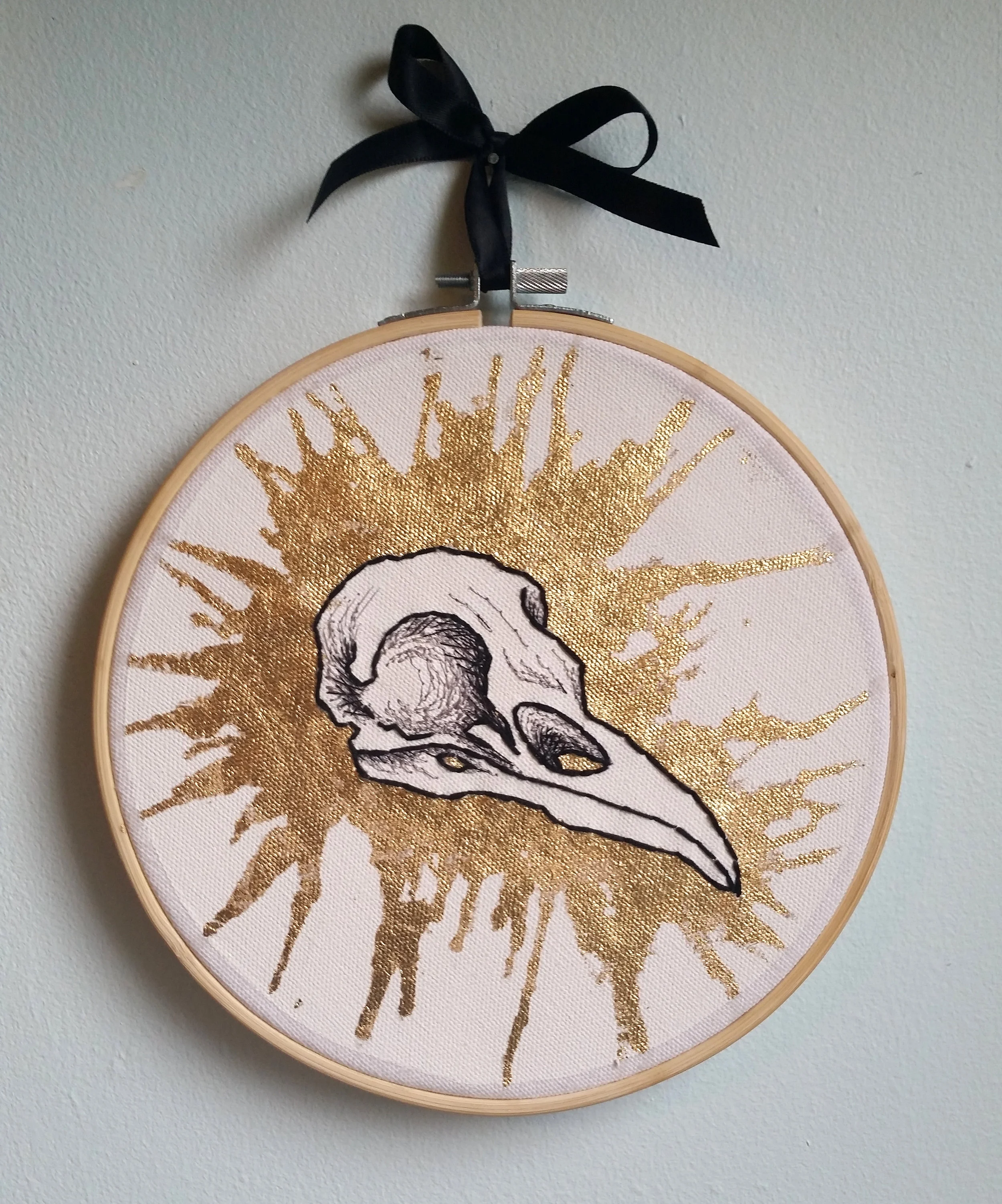Corvus corax (Common raven) , metal leaf, thread, and embroidery floss on canvas, 8" x 8", $300