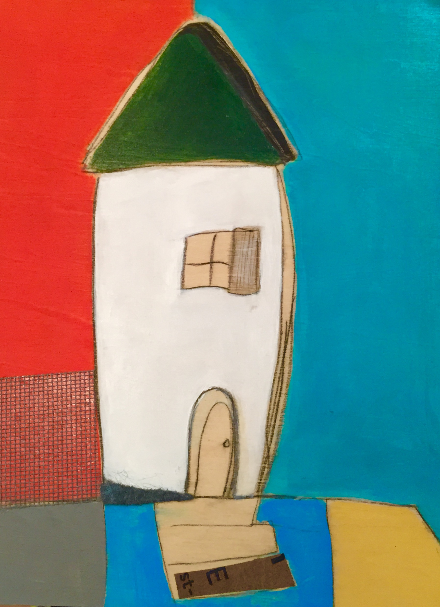 A House for Michael, oil, acrylic, pencil, pastel, crayon, paper, screen, felt, tar, shellac on wood, 10" x 8", $425