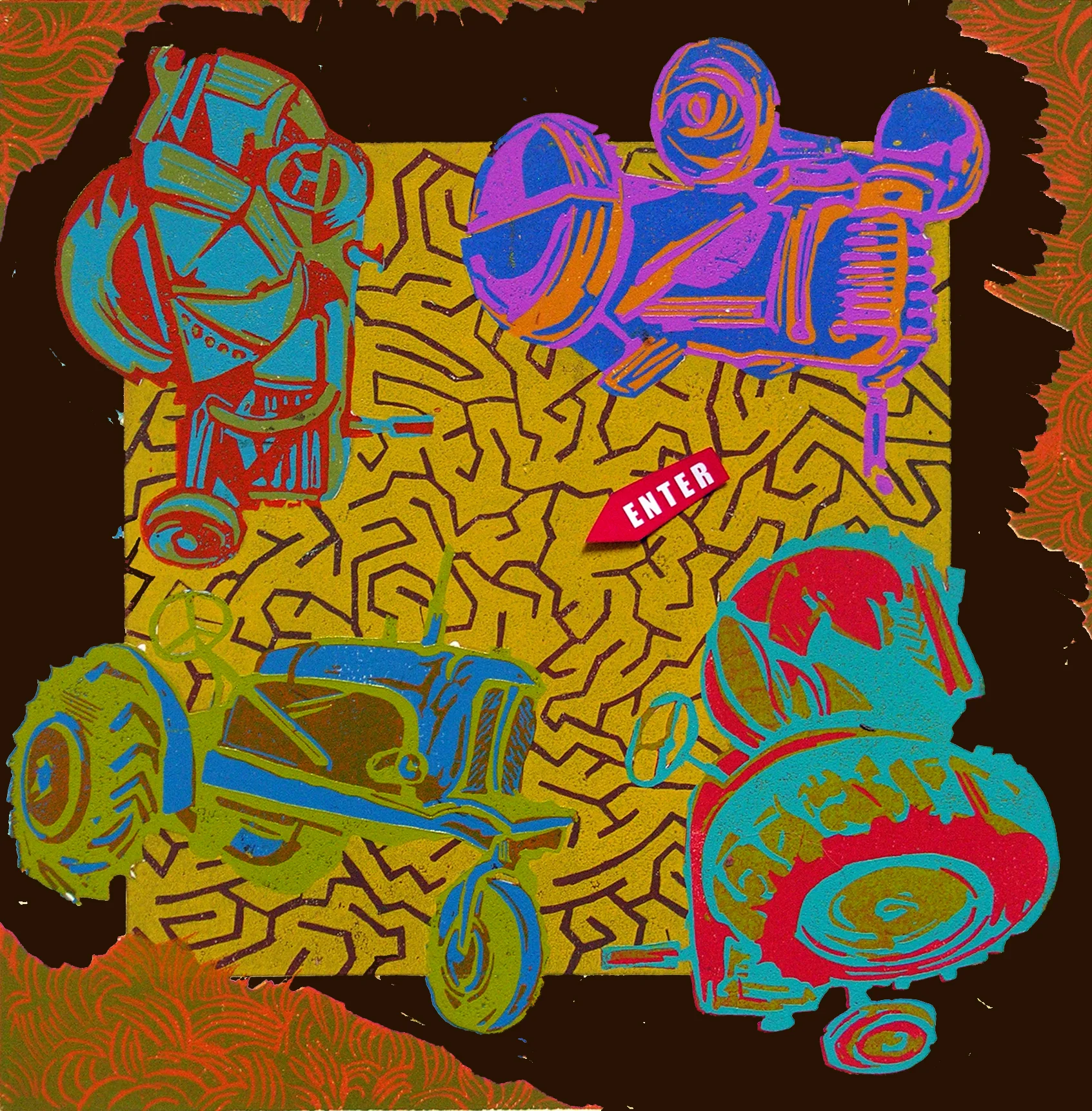 The Tractor Maze , variable edition, collaged reduction linoleum print on paper, 19 1/4" x 19 1/4" framed