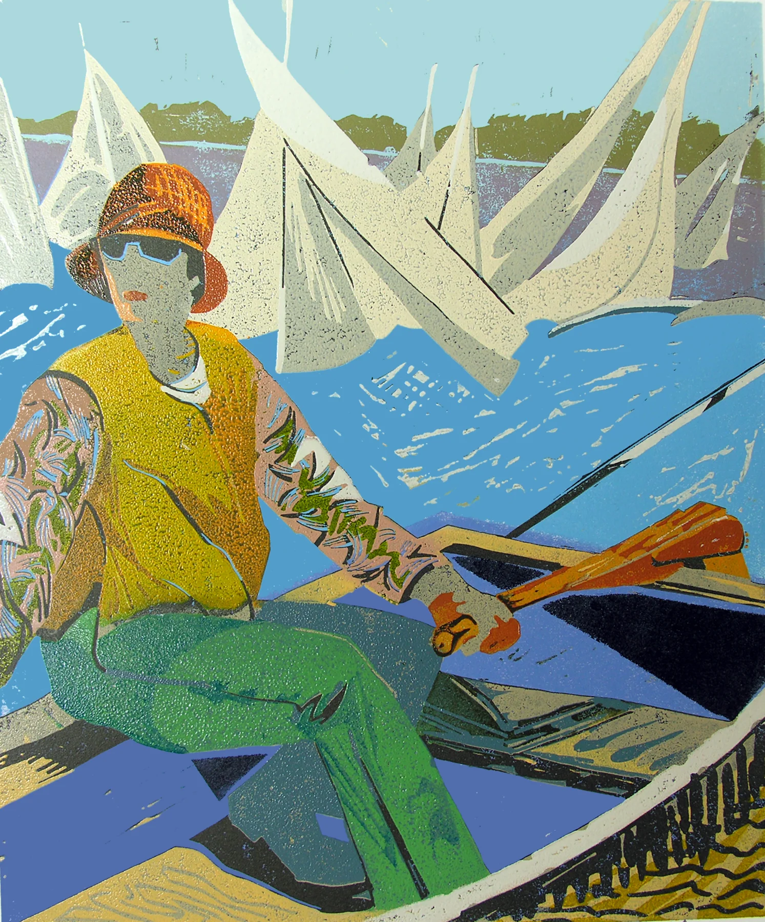 The Memory of Wind and Water (1/16) , reduction linoleum print on paper, 12" x 9 3/4" image size, $500