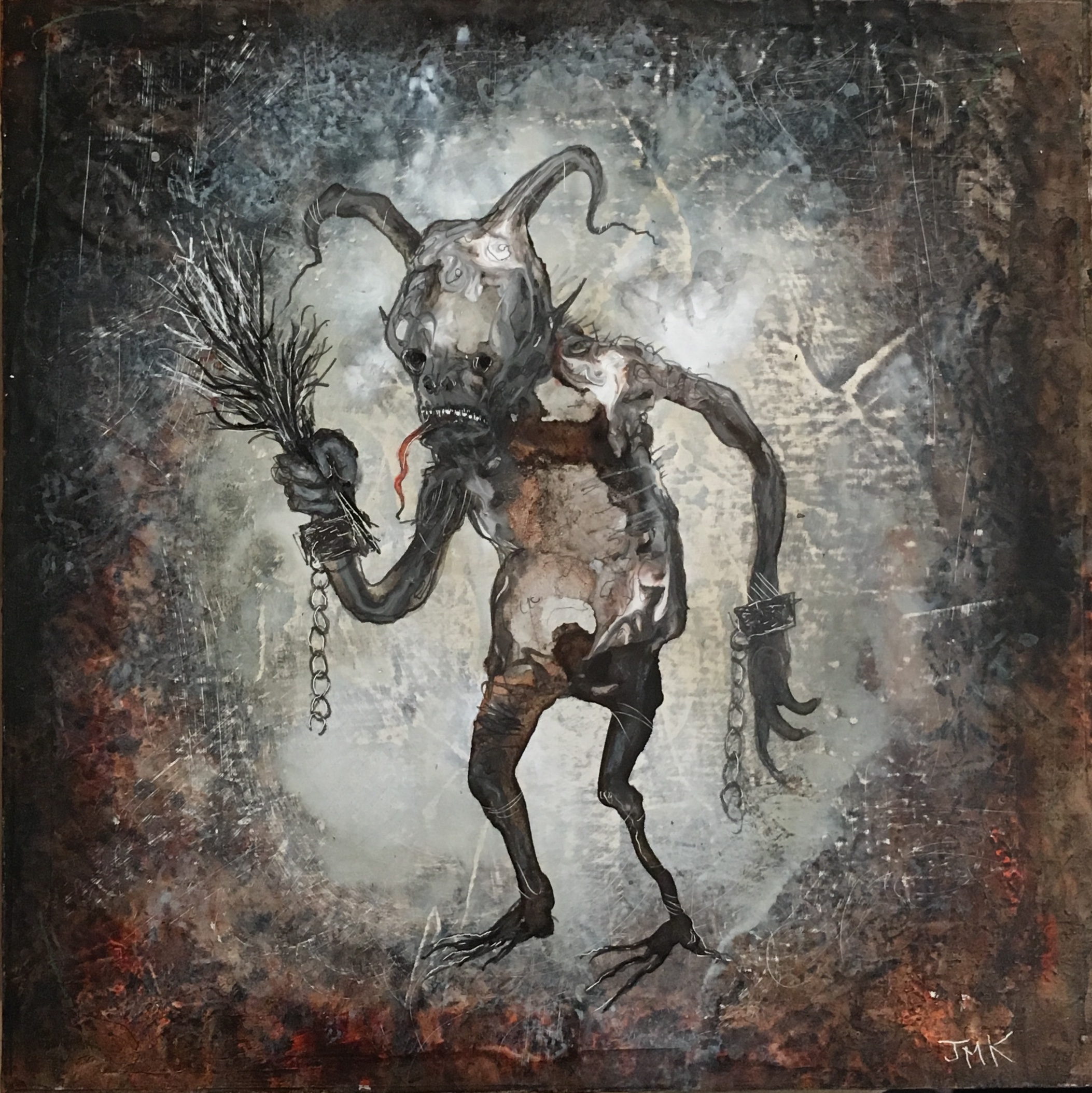 …few things vexed the imp more than crumbs in the milk or being stingy with the maple syrup , acrylic, acrylic ink, ink, and pencil on wood, 6” x 6”, $250