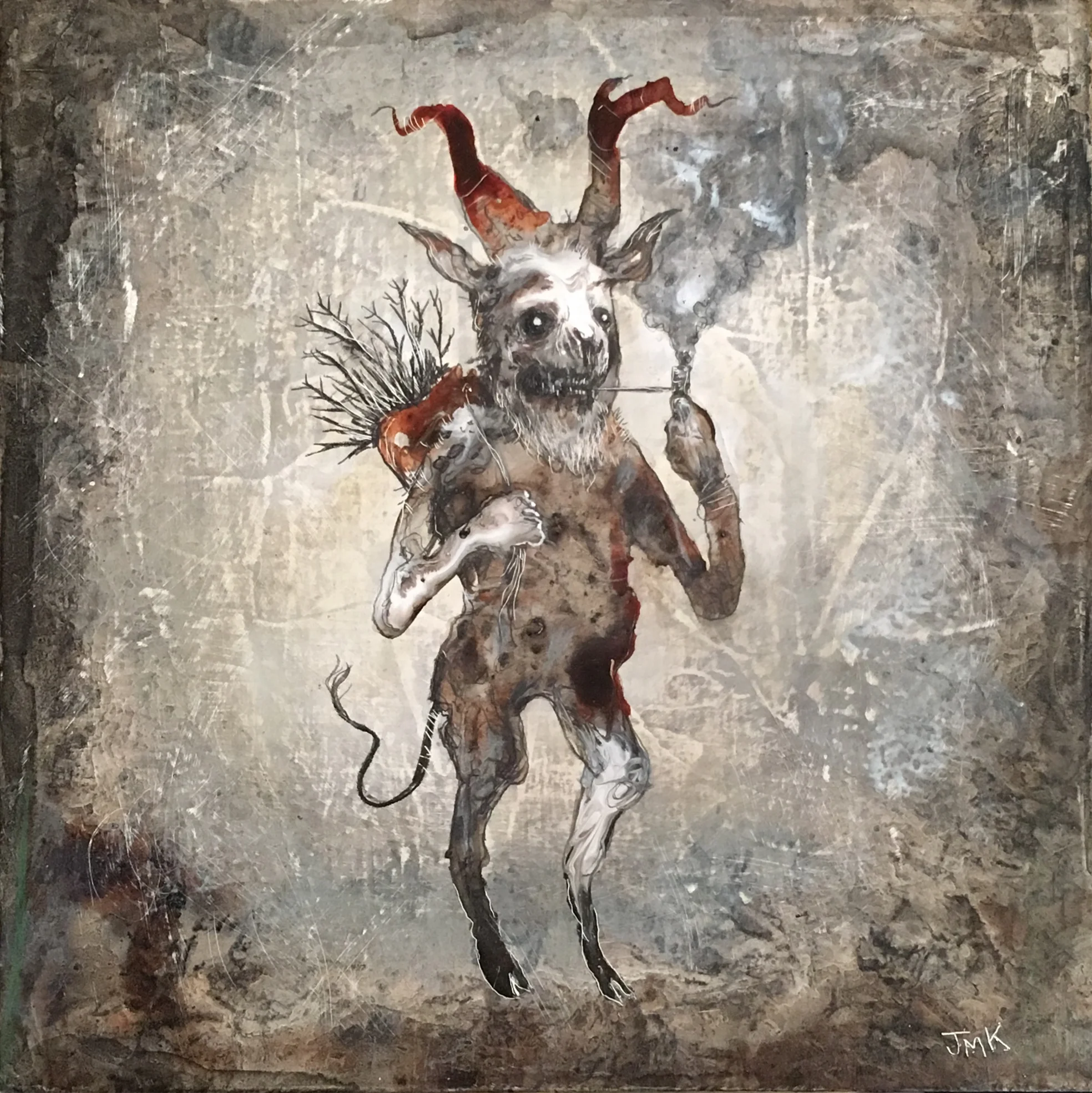 A fine life of deviltry and the accomplishment of deeds most peculiar , acrylic, acrylic ink, ink, and pencil on wood, 6” x 6”, $250