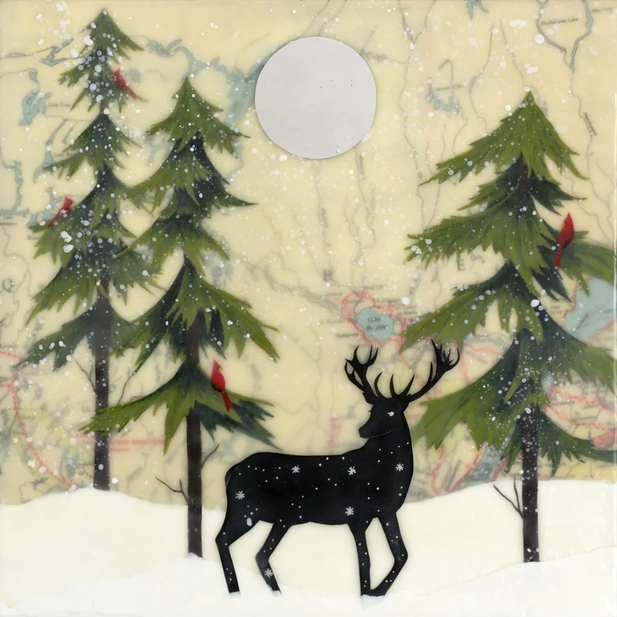 Winter Solstice , encaustic, paper cuts, gouache, aluminum powder, map of Quebec, Canada area, mounted on birch panel, with reclaimed beach fence frame, 12 1/2" x 12 1/2" framed, $425