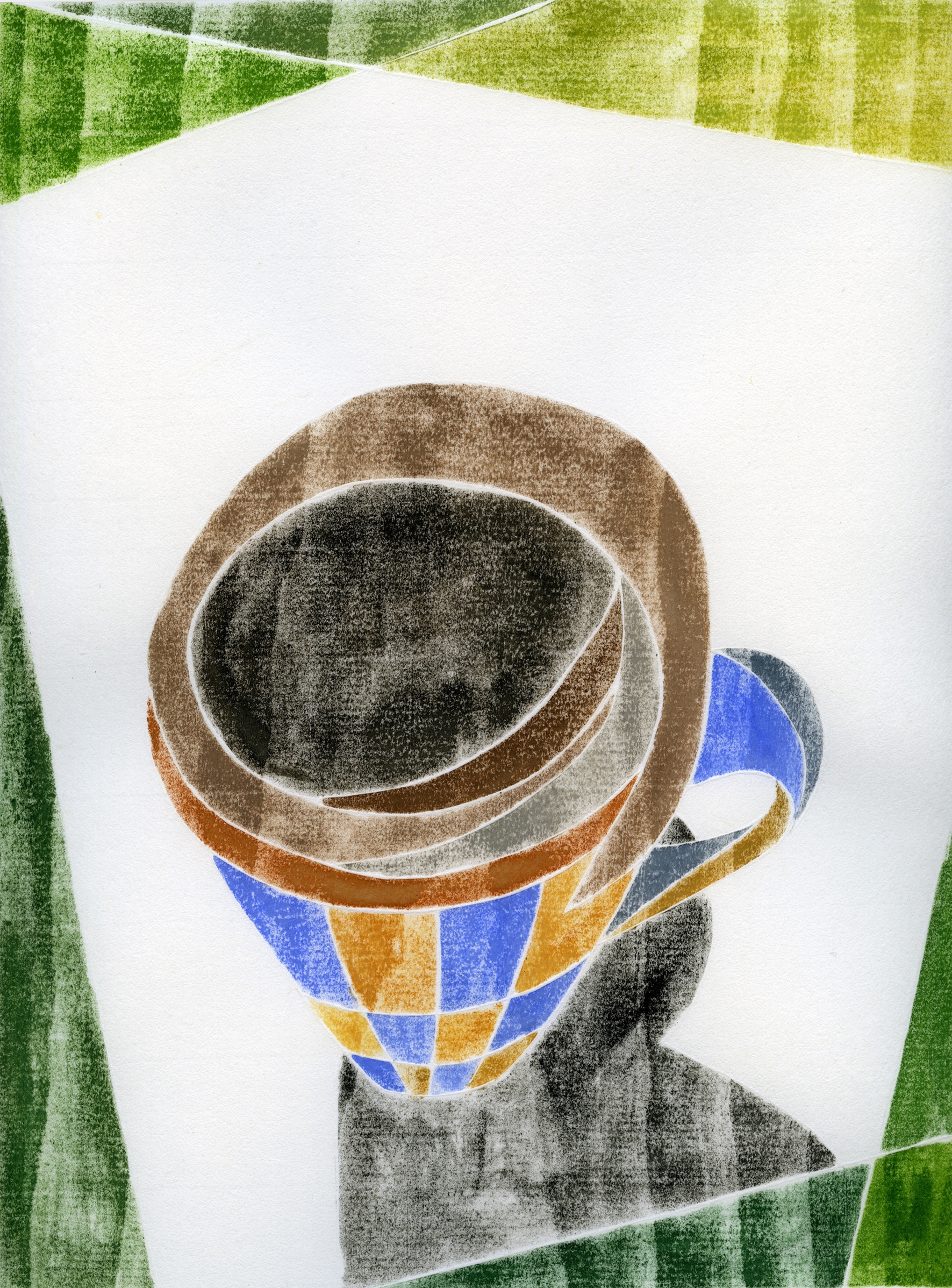 Coffee Break (14.1) , white line woodcut monoprint, 18" x 15" framed, $300