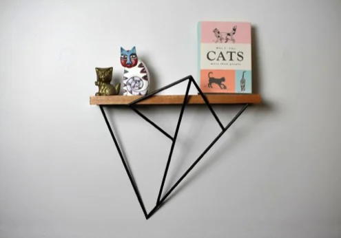 Geo Shelf 7 , mahogany wood and steel with gun blue patina, includes brackets for mounting, 15” x 16” x 4”, $250