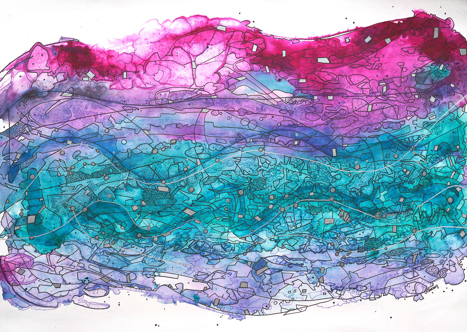 Red Sky , alcohol inks and ink on Yupo, 25 3/4" x 33 3/4" framed, sold