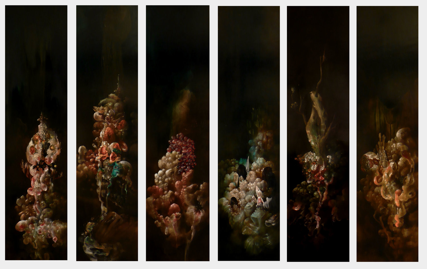 Hydnellum Myriorama, acrylic on six panels, 48" x 12" each