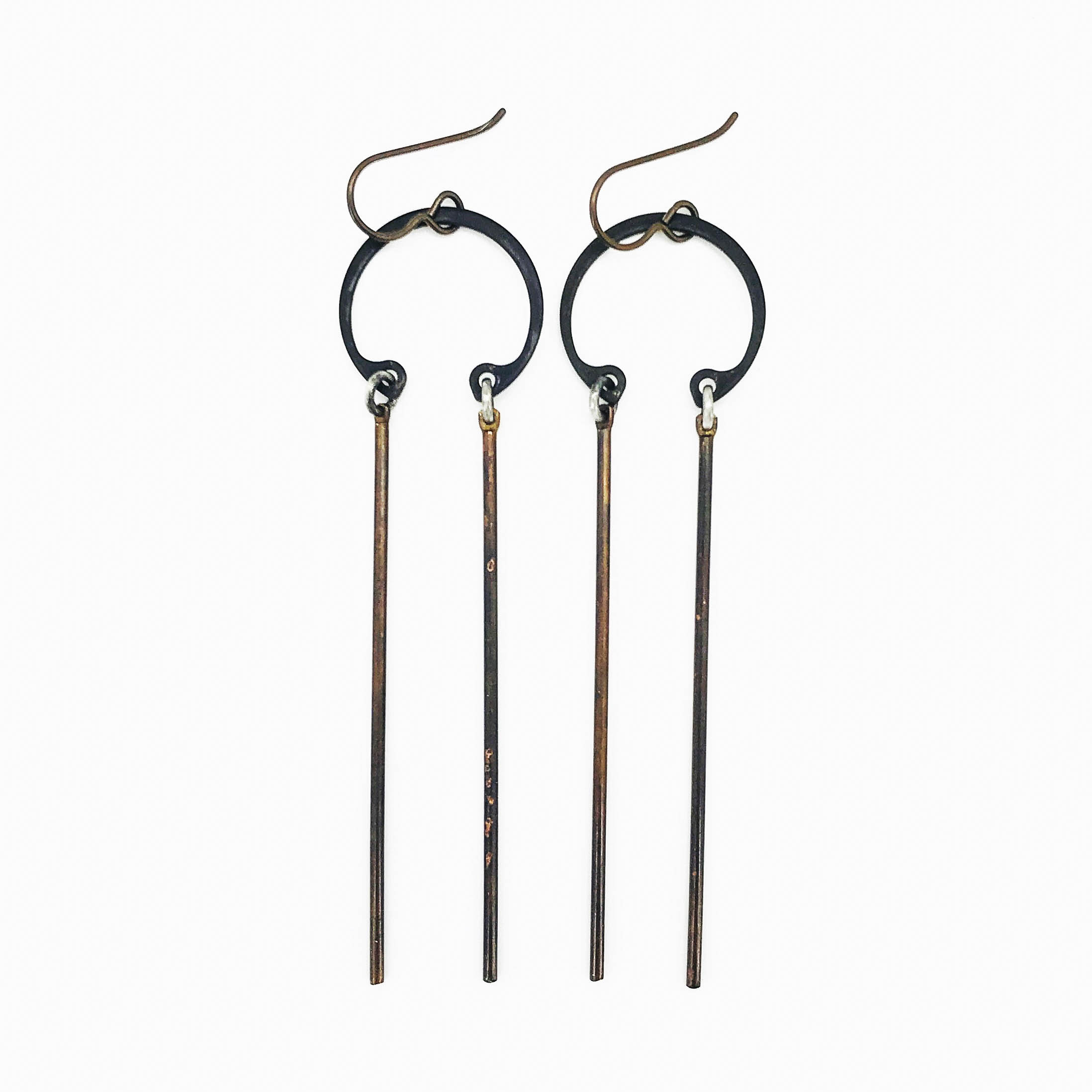 Industrial stick earrings, oxidized steel ring and oxidized brass sticks with niobium earwires, $60