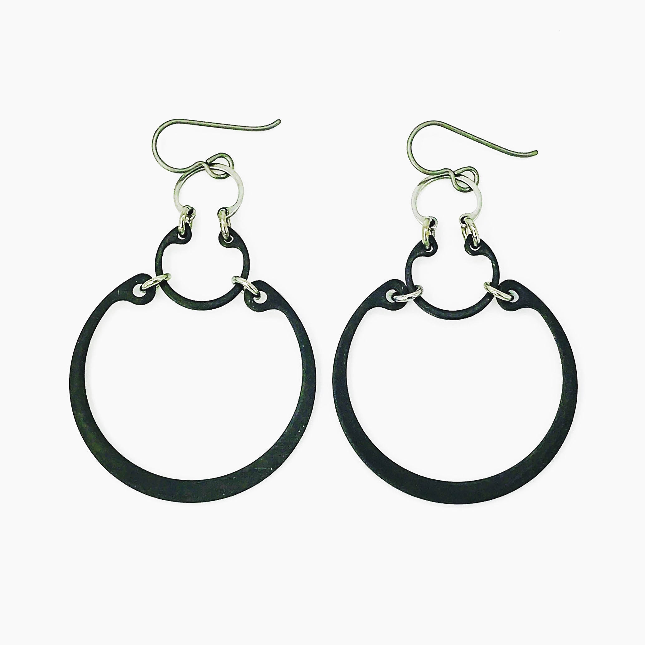 Pablo earrings, oxidized steel and stainless steel rings with niobium earwires, $70
