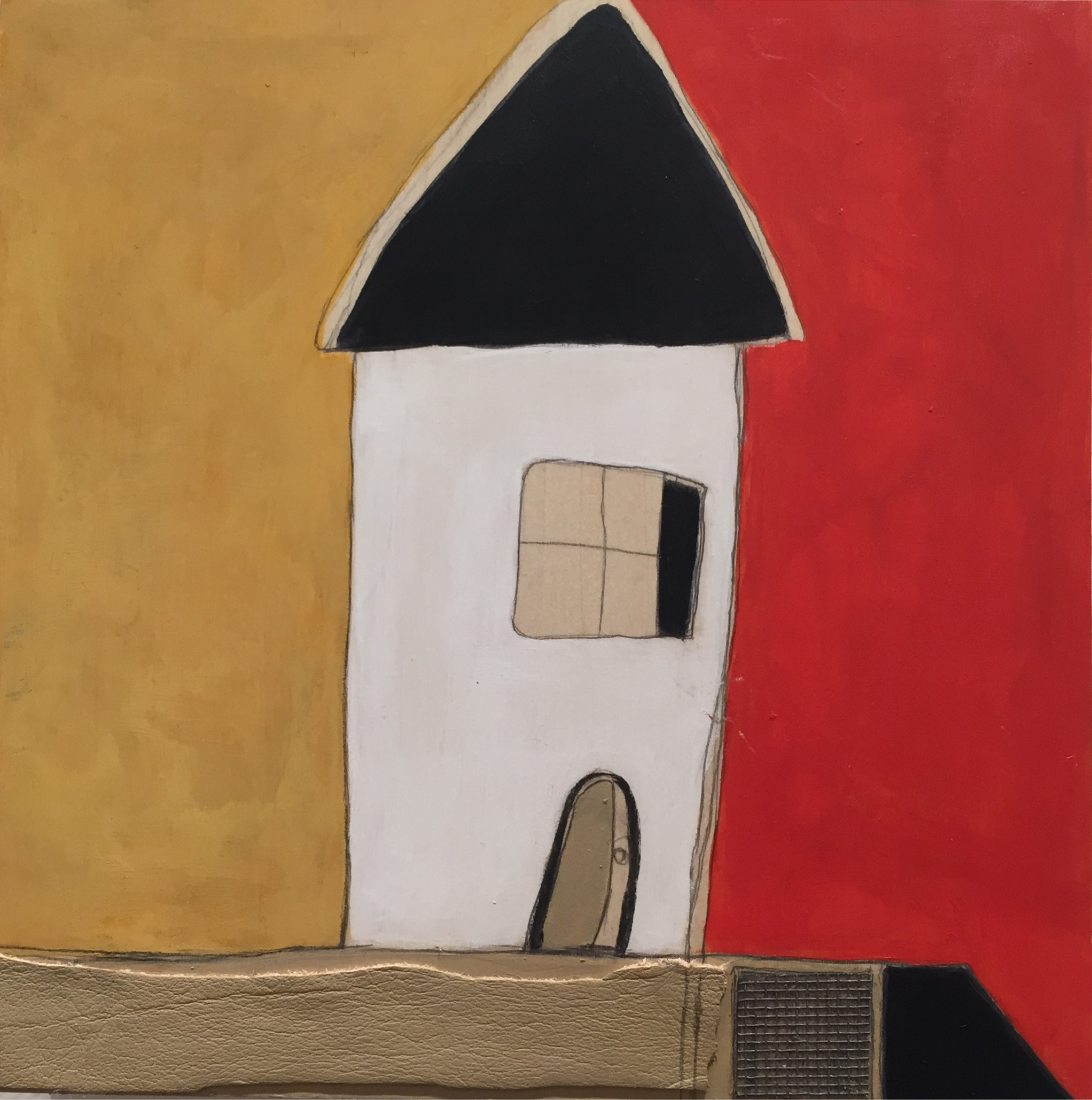 Vicinity #2 , oil, acrylic, pencil, pastel, crayon, paper, leather, screen, tar, shellac on wood, 8" x 8", $400