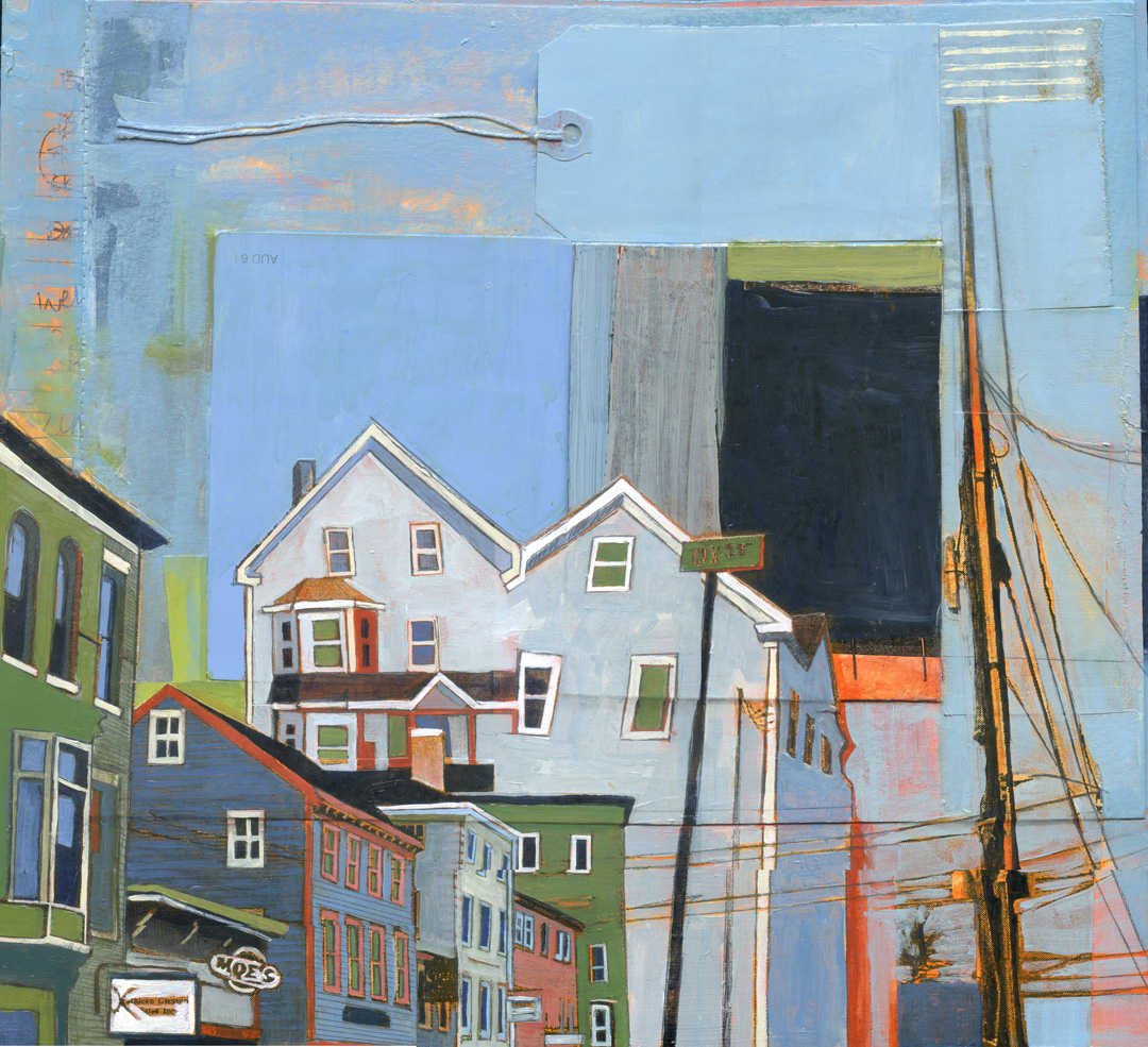 Congress and Cox Streets , acrylic and graphite over collage on panel, 11 1/2" x 13", sold