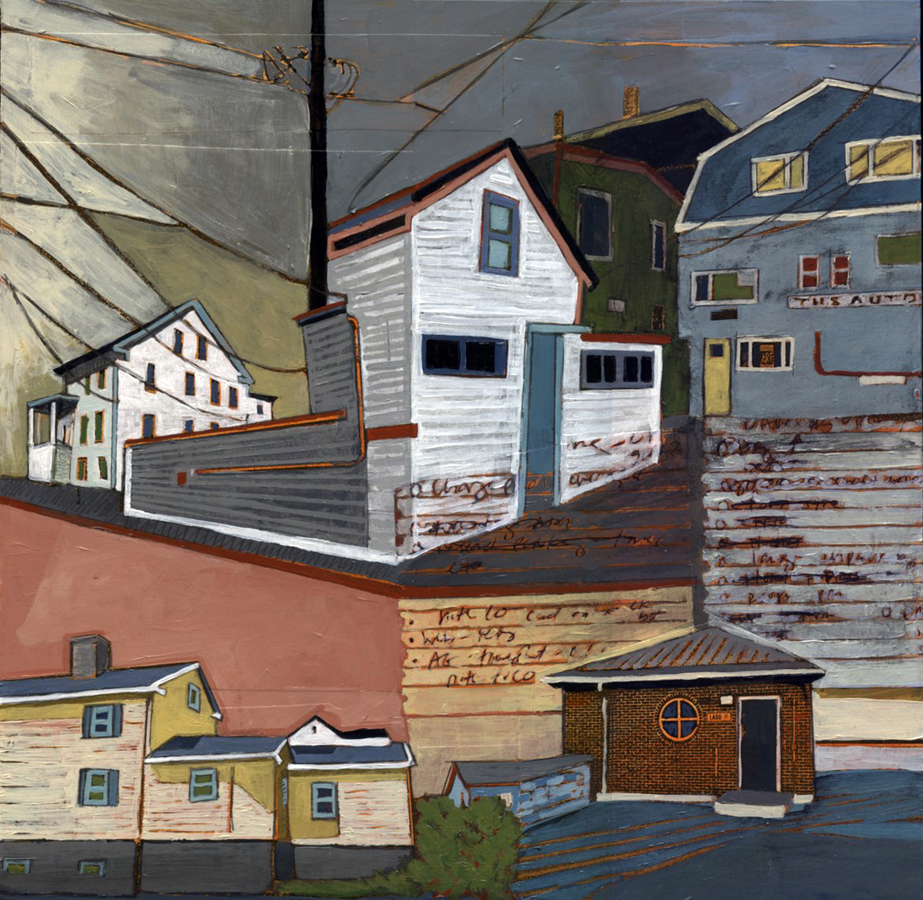 Fifteen Years of Seacoast Neighborhoods #3 (Ladd Street and THS Auto) , acrylic and graphite over collage on panel, 12" x 12", sold