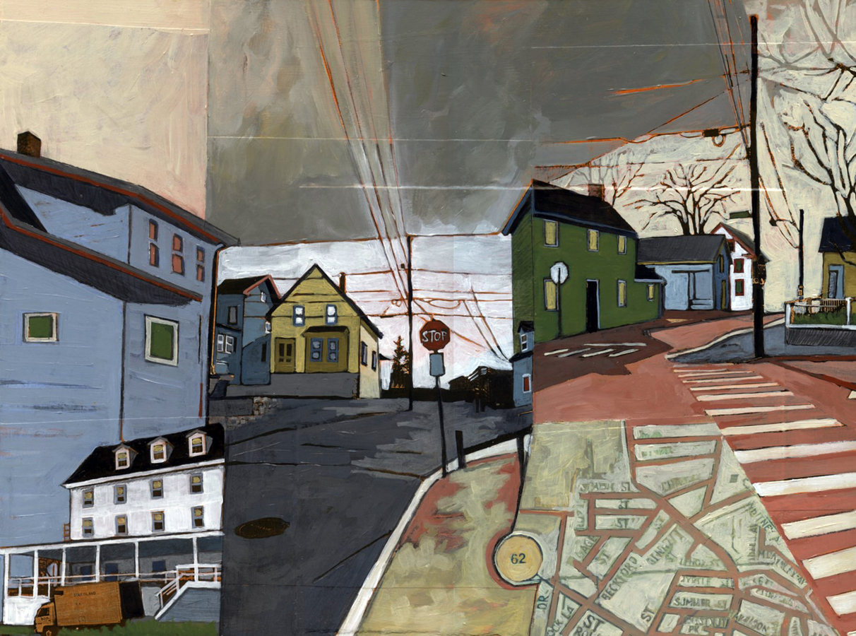 Fifteen Years of Seacoast Neighborhoods #2, (Star Island and Rt 62 to Gloucester) , acrylic and graphite over collage on panel, 12" x 16", sold