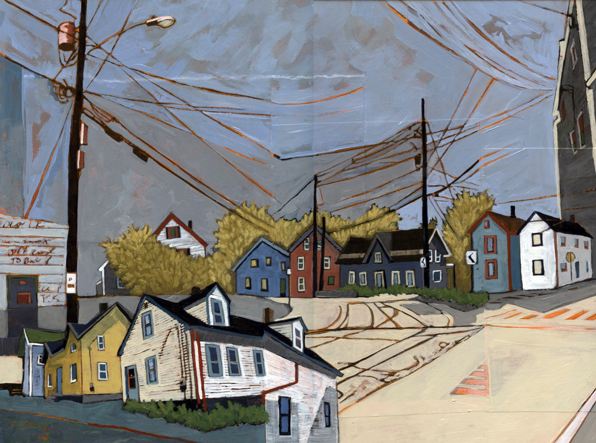 Fifteen Years of Seacoast Neighborhoods #4 (Woodbury Ave and Morning Street) , acrylic and graphite over collage on panel, 12" x 16", $700