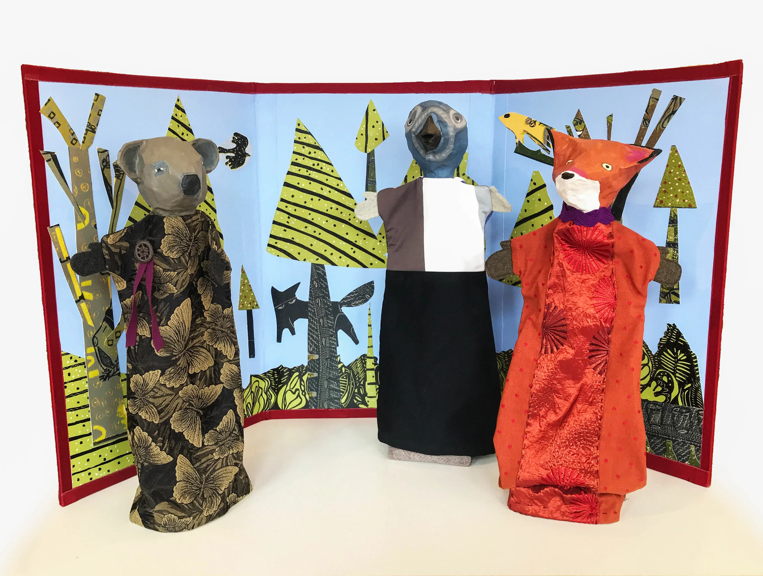 Forest Triptych , papier-mâché and fabric puppets, screen with collaged prints, ink, and acrylic on masonite, $150 for individual puppets, $450 for screen