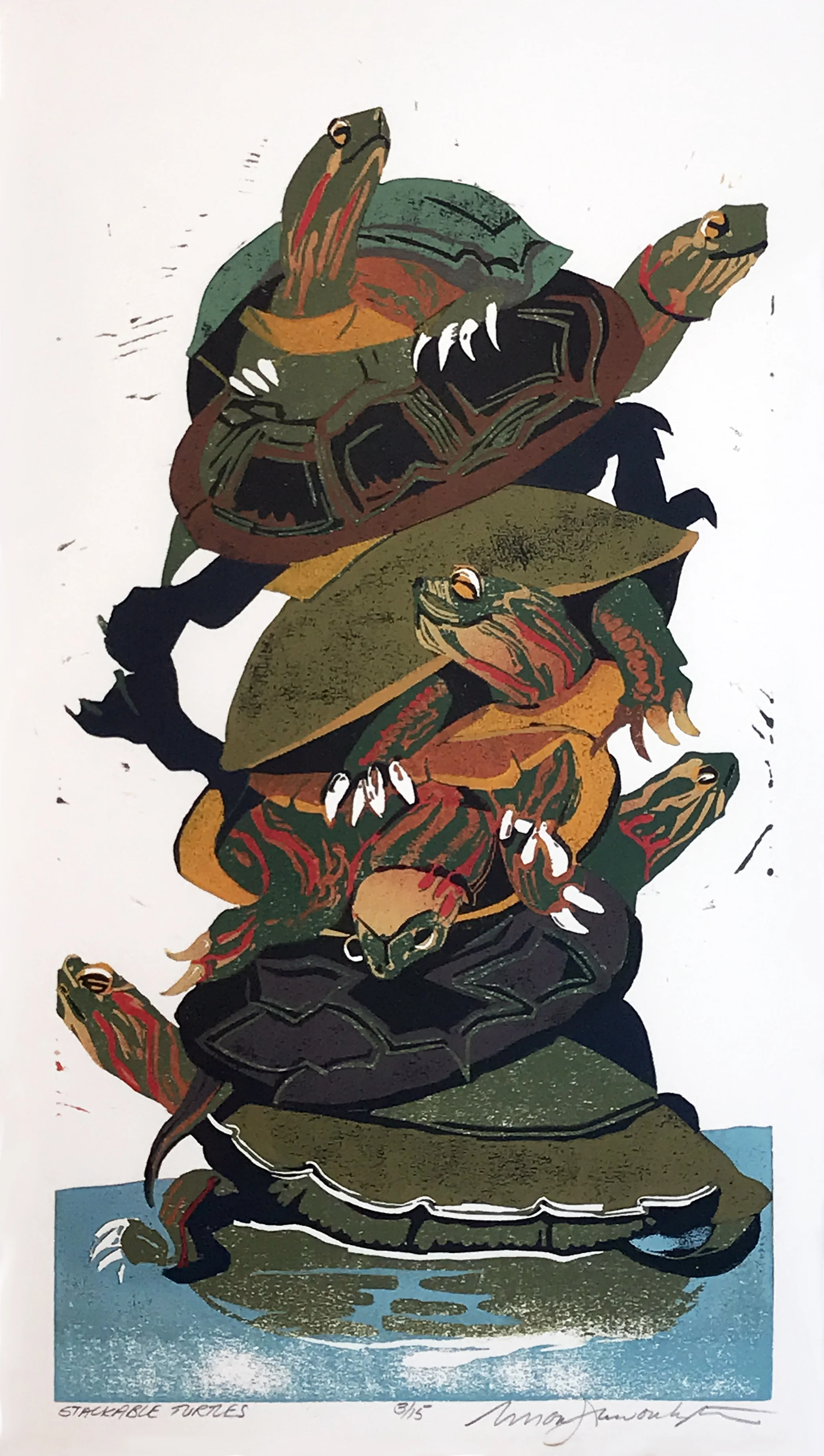 Stackable Turtles (2/15) , reduction linoleum print on paper, 24" x 15" framed, $750