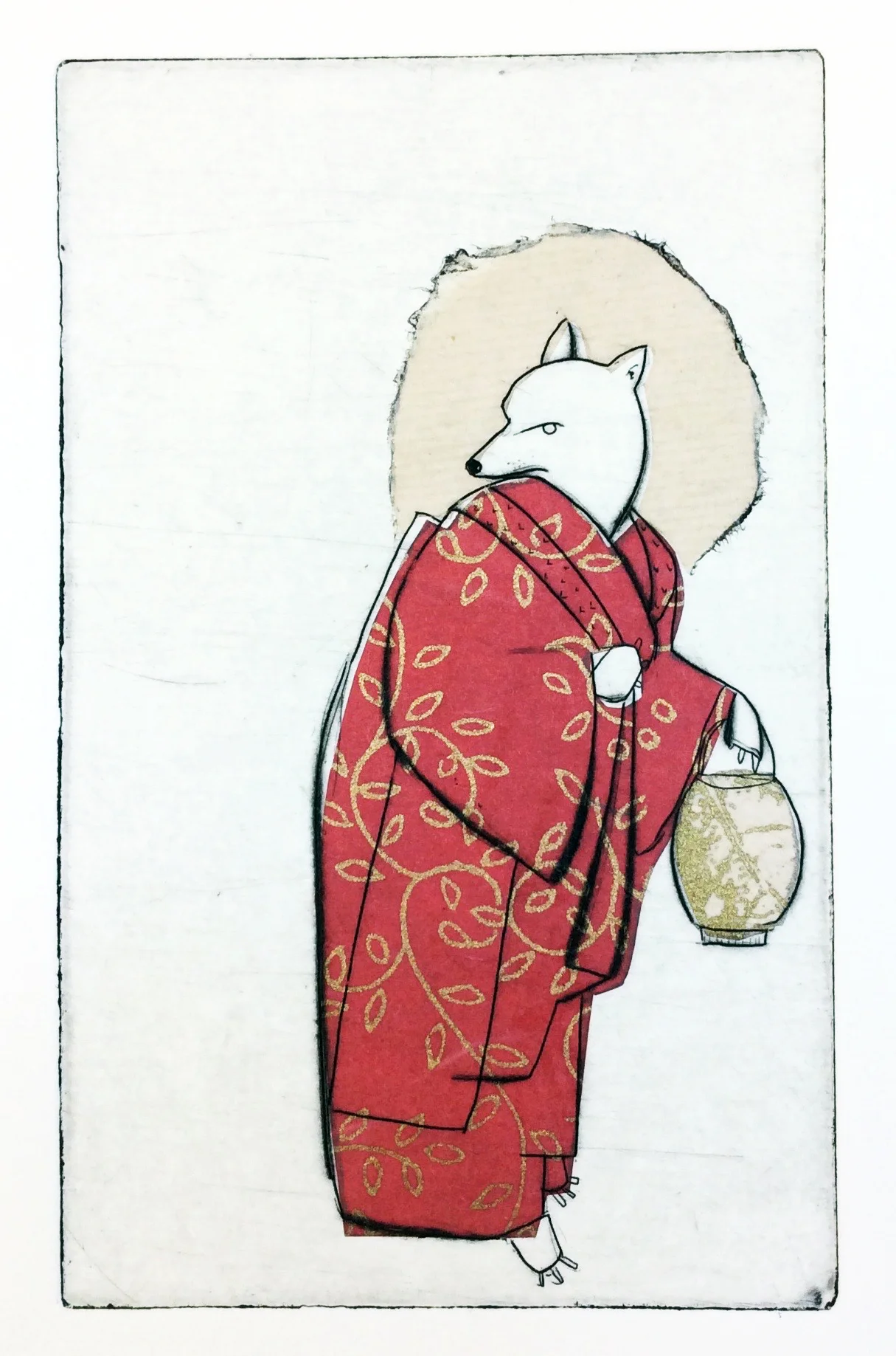 Red Kitsune , etching, drypoint, chine-collé, 11" x 8", $250