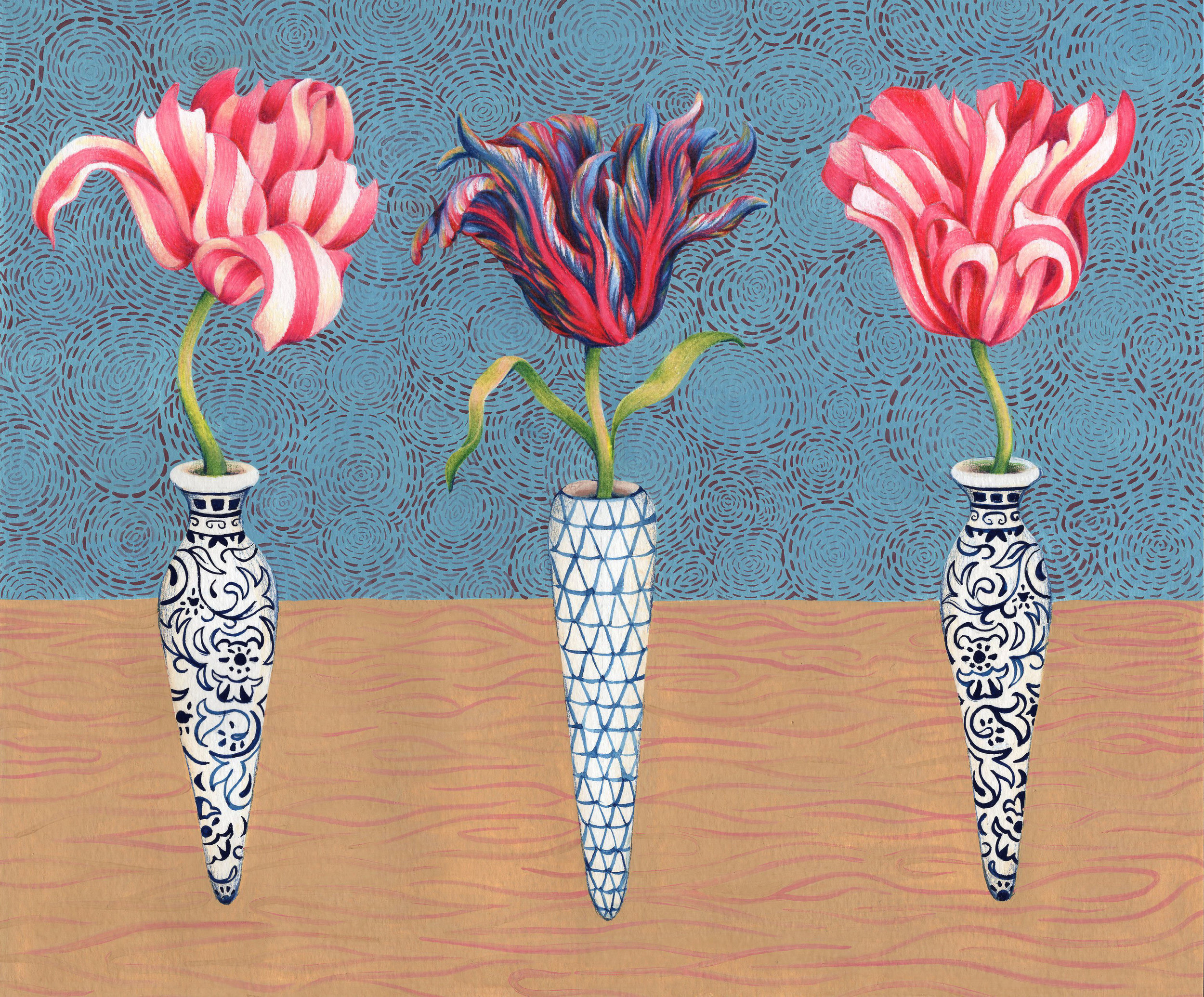 Three Striped Tulips , gouache and colored pencil on paper, 11 3/4" x 15" framed, $600