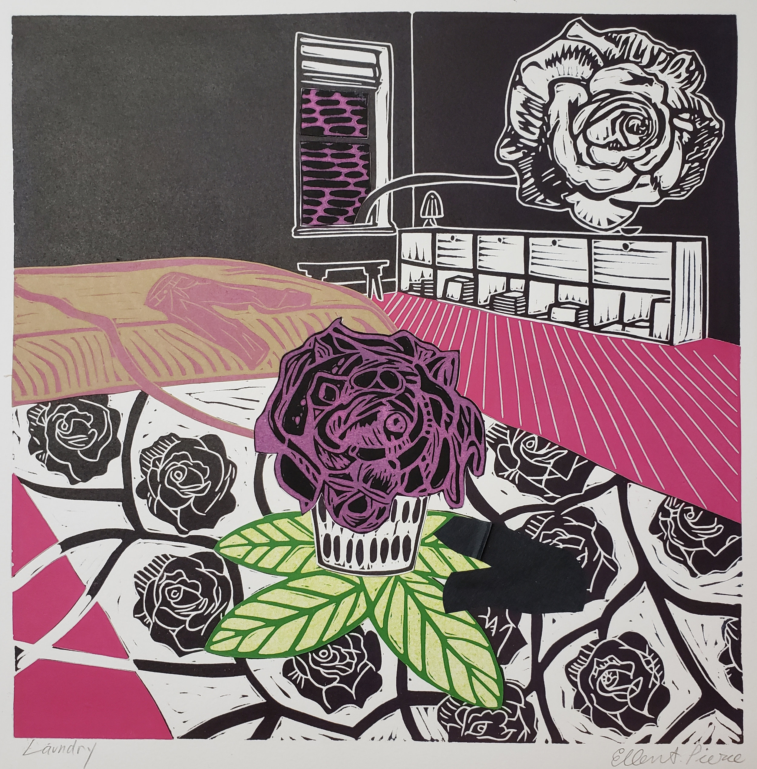 Laundry , collaged linoleum print, variable edition, 16 3/4” x 16 3/4” framed, $450