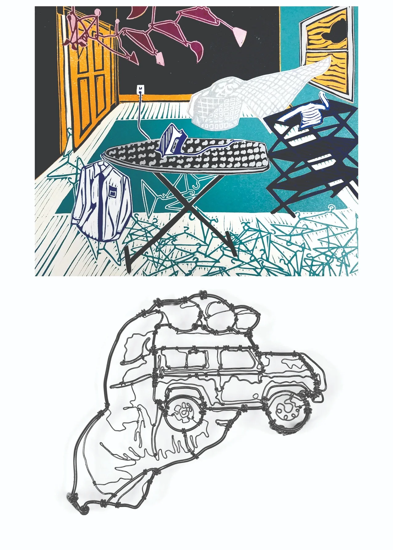 Top: Ellen Shattuck Pierce, detail from Ironing 4 , collaged linoleum print Bottom: CW Roelle, “This One” (Jeep) , painted steel wire