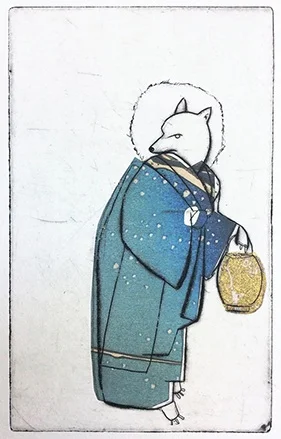 Nancy Popper , Kitsune , etching, drypoint, chine-collé