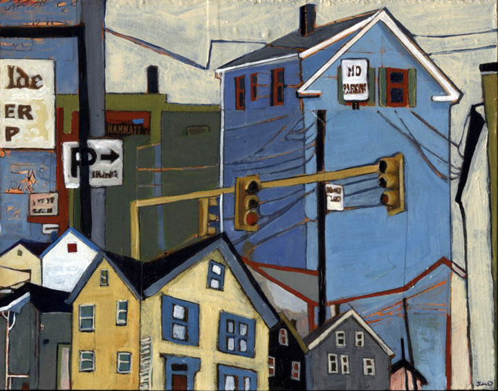 Hammatt Street to Exeter Park , acrylic and graphite over collage on panel, 7” x 9”, sold