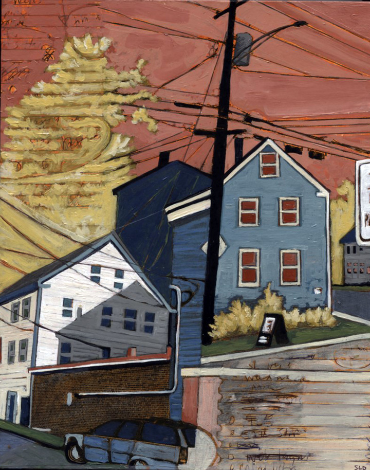 Chapel Street , acrylic and graphite over collage on panel, 10” x 8”, $425