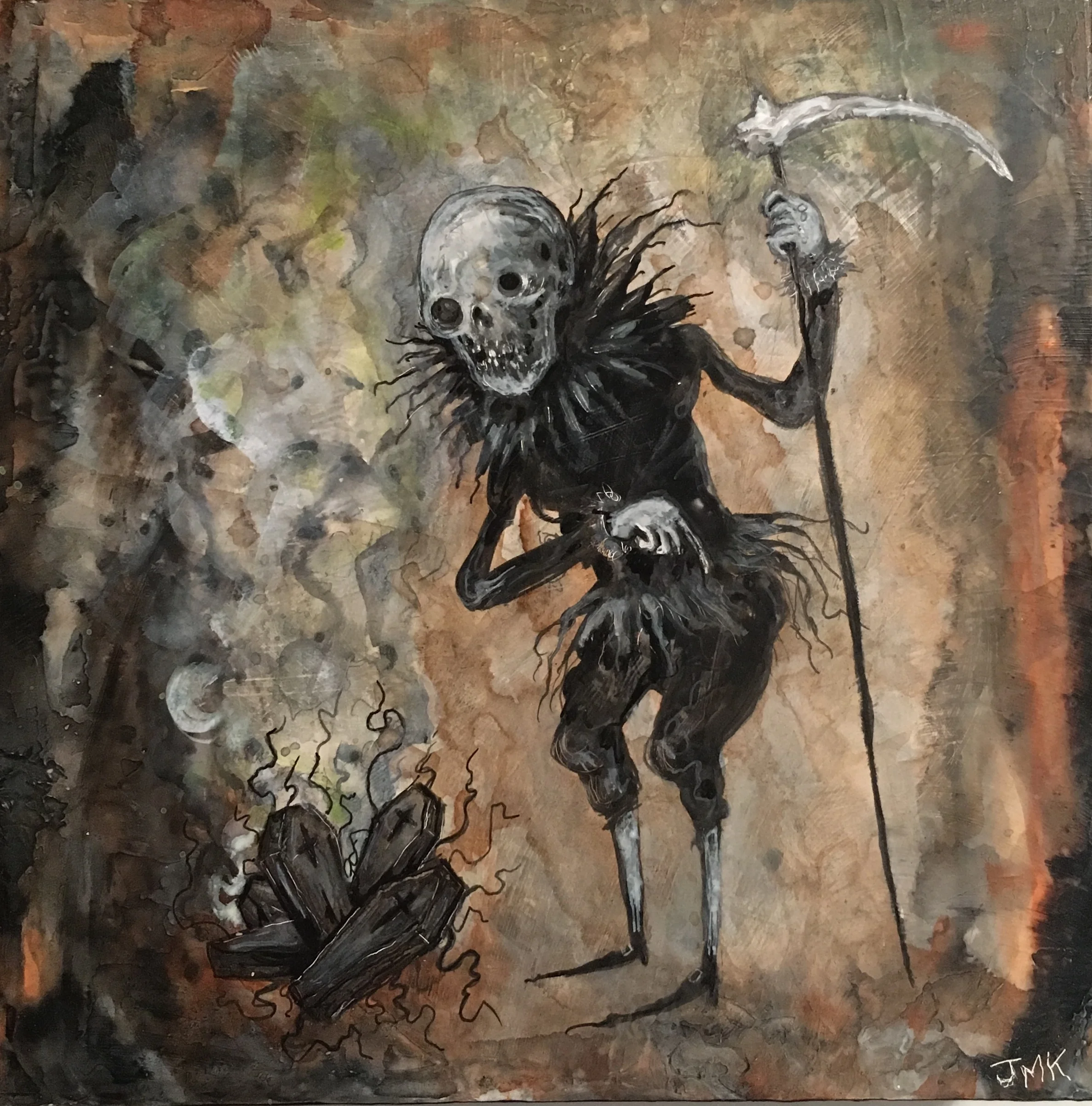 The Infernal Bard and his prize winning Coffin Worms , acrylic, ink and pencil on wood, 6" x 6", $250