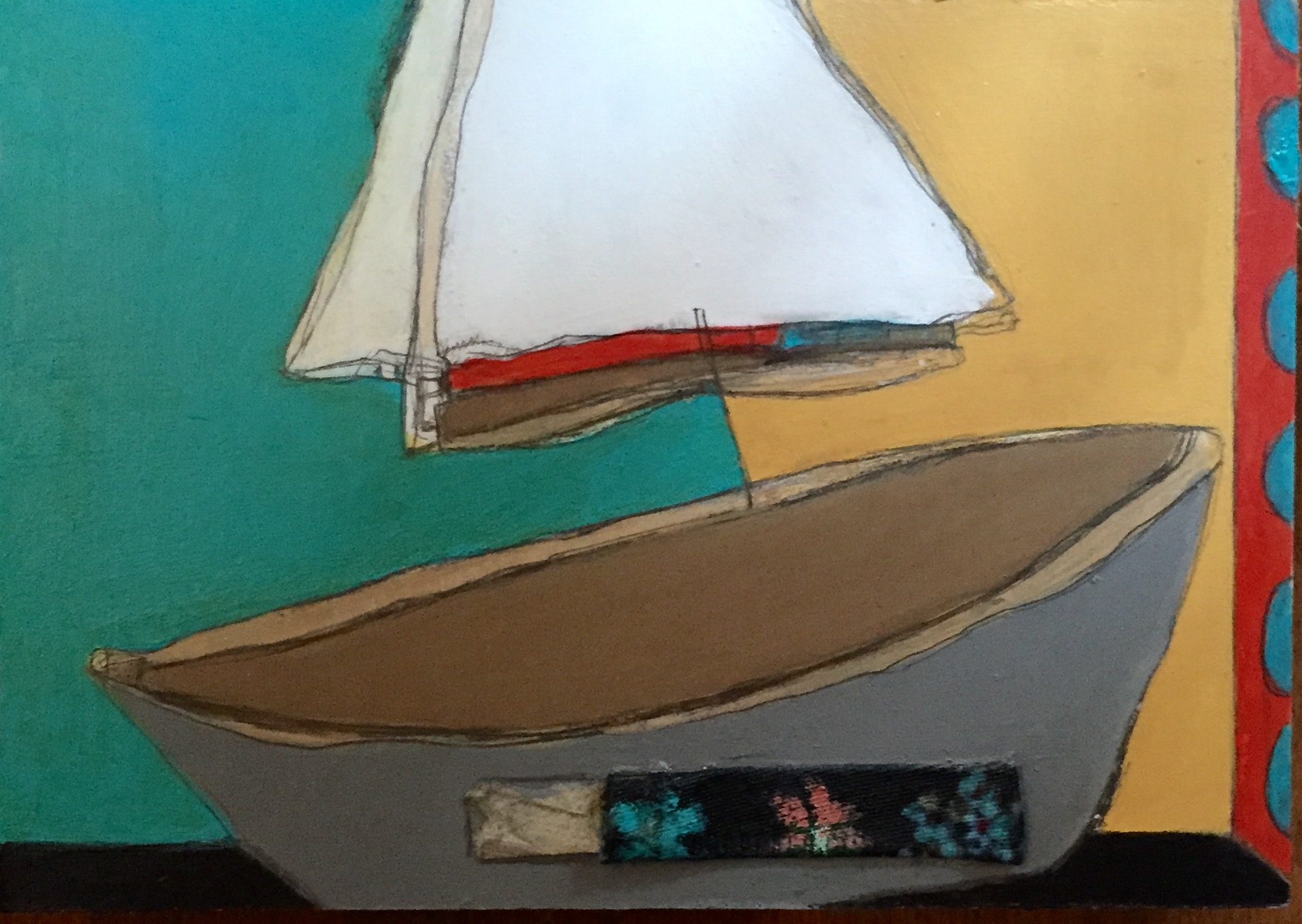 On the Bay #4 , oil, acrylic, pencil, pastel, crayon, paper, fabric, tar, shellac on wood, 5" x 7", $275
