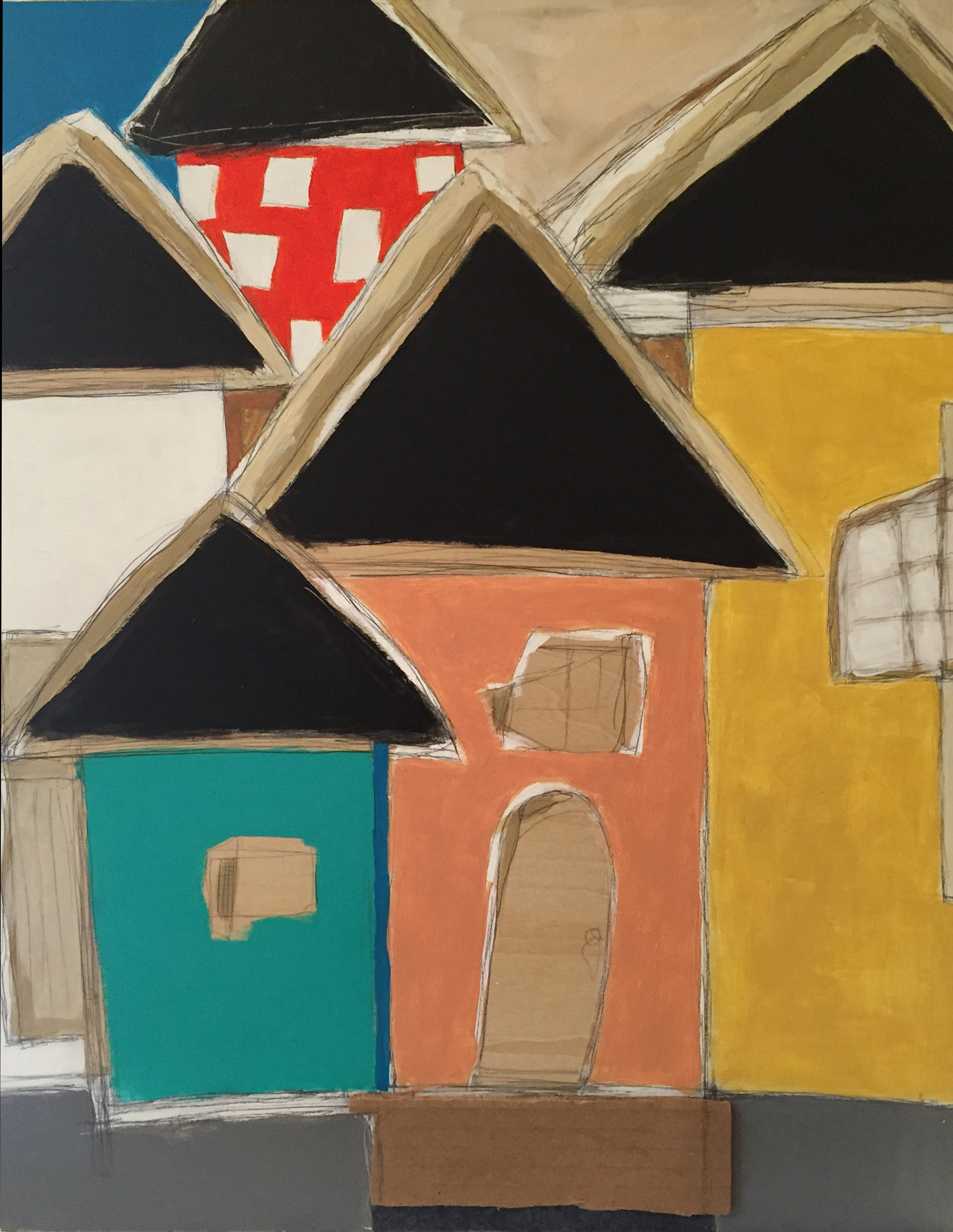Vicinity #11 , oil, acrylic, pencil, pastel, crayon, felt, cardboard, tar, shellac on wood, 24" x 16", $950