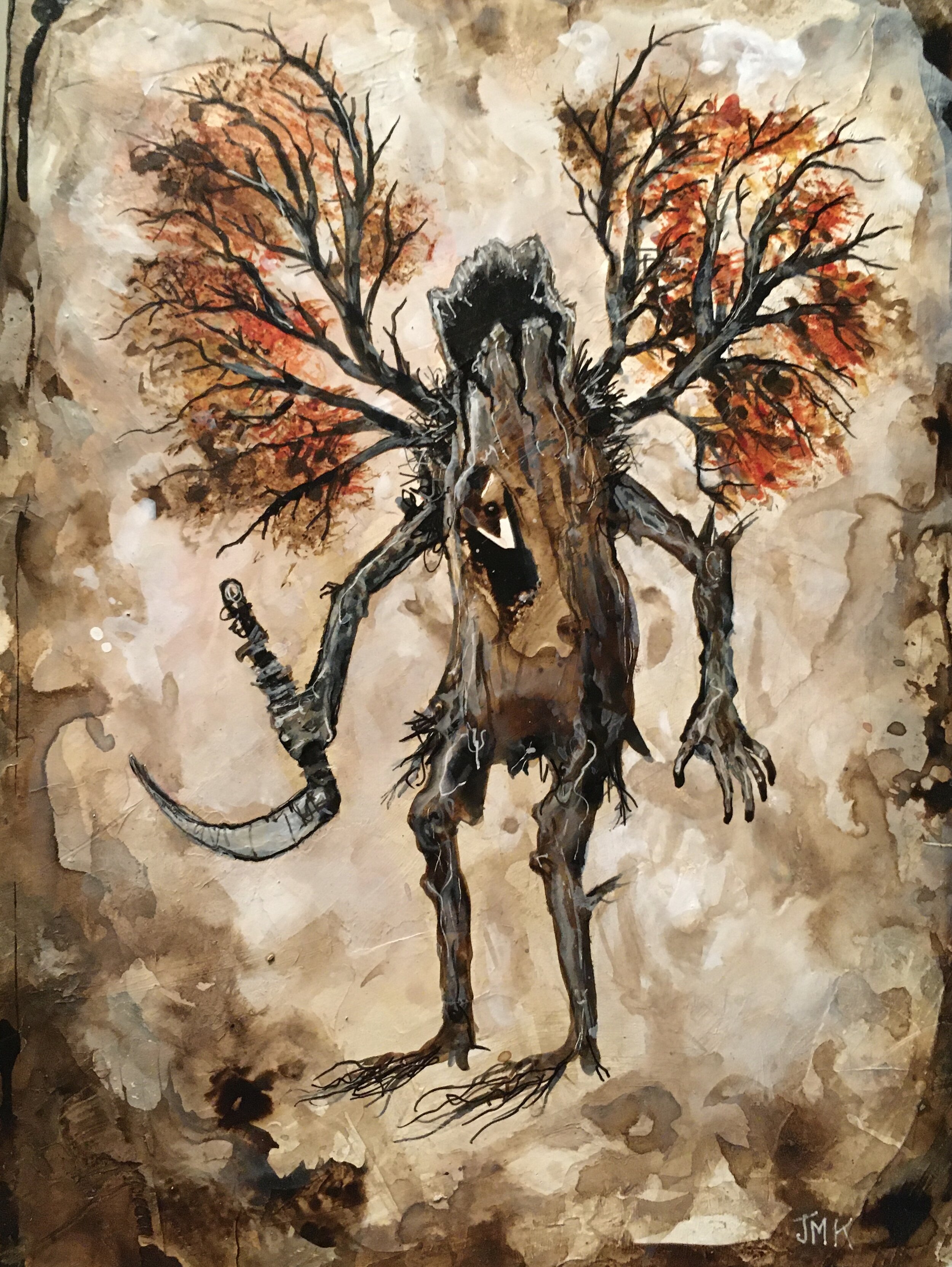 The ghosts of felled trees are all around us , acrylic, ink and pencil on panel, 8” x 6”, sold
