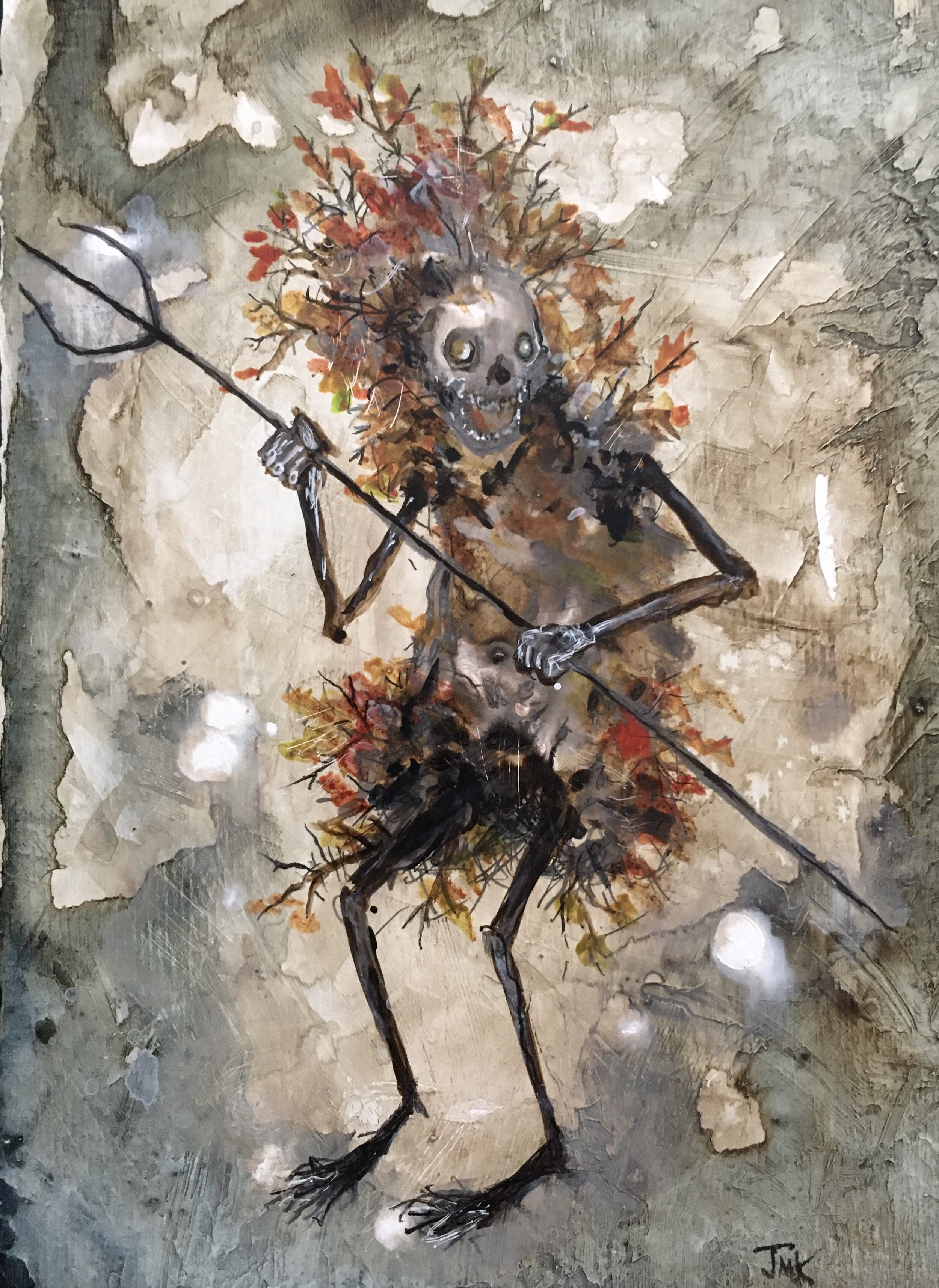 The crackle of fallen leaves , acrylic, acrylic ink, pen and pencil on panel, 7" x 5", sold