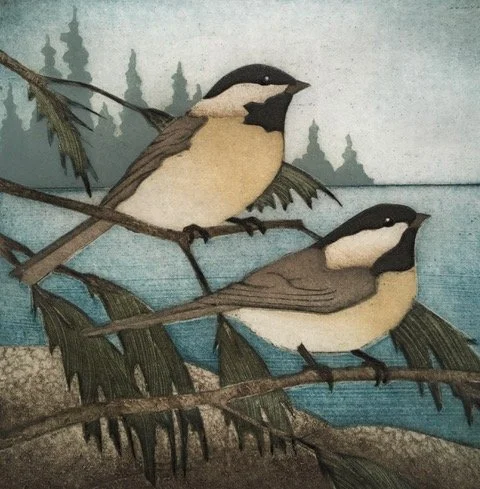 Spring Chickadees (4/50) , collagraph on paper, 12 1/4" x 11" sheet size, $300