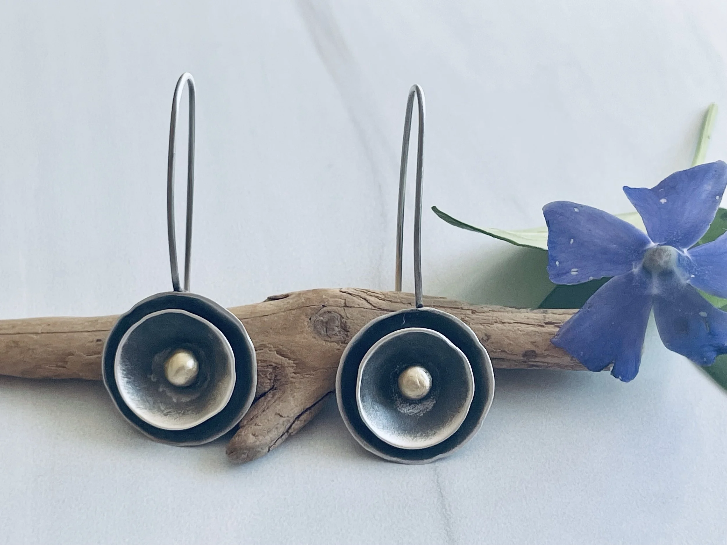Lisa Gent - Blackened Sterling Silver Double Dish Earrings with Gold Dots
