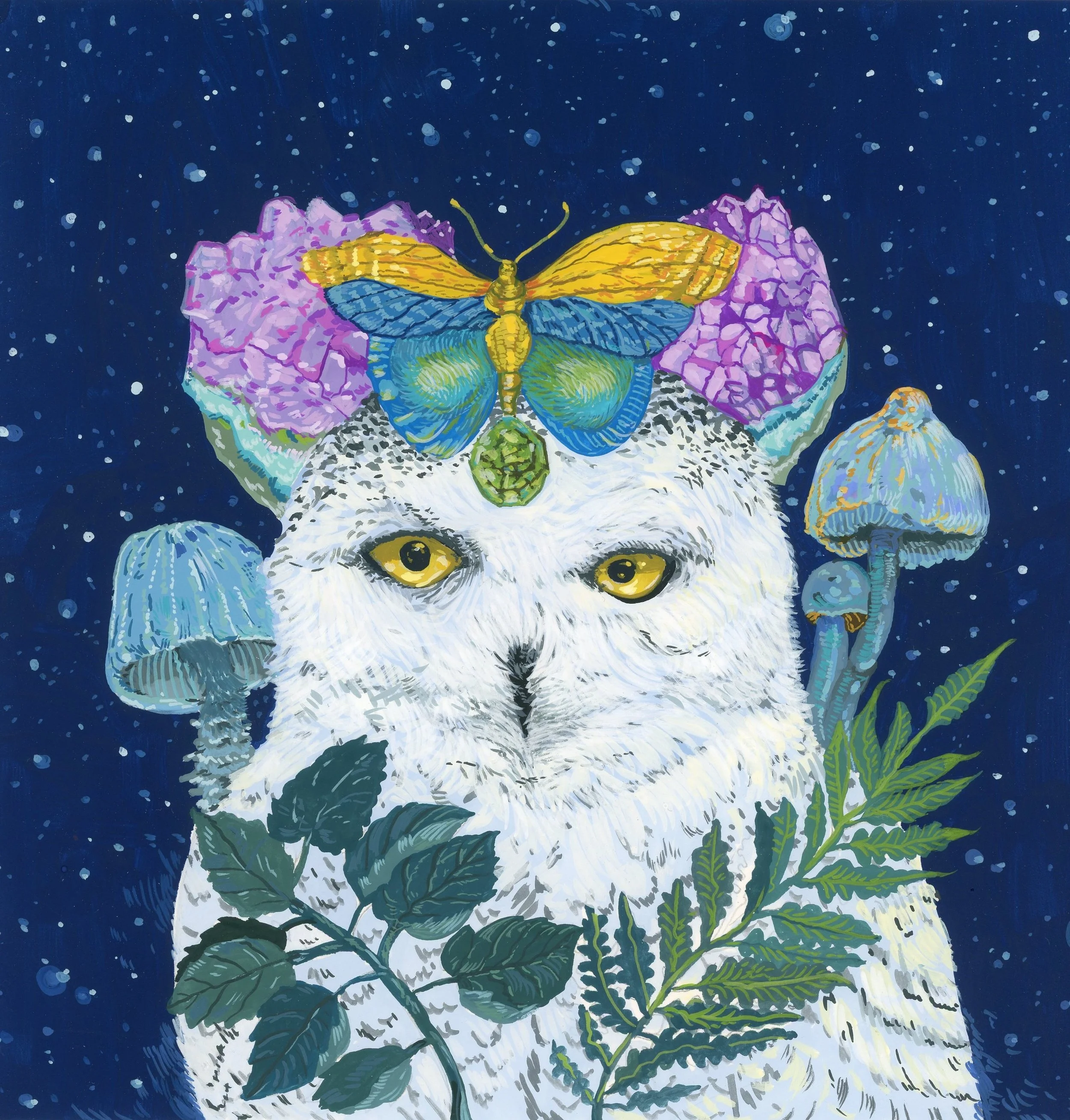   Owl with Crystals (Spirit of the Winter Woods) , gouache on paper, 12” x 12” framed, sold 