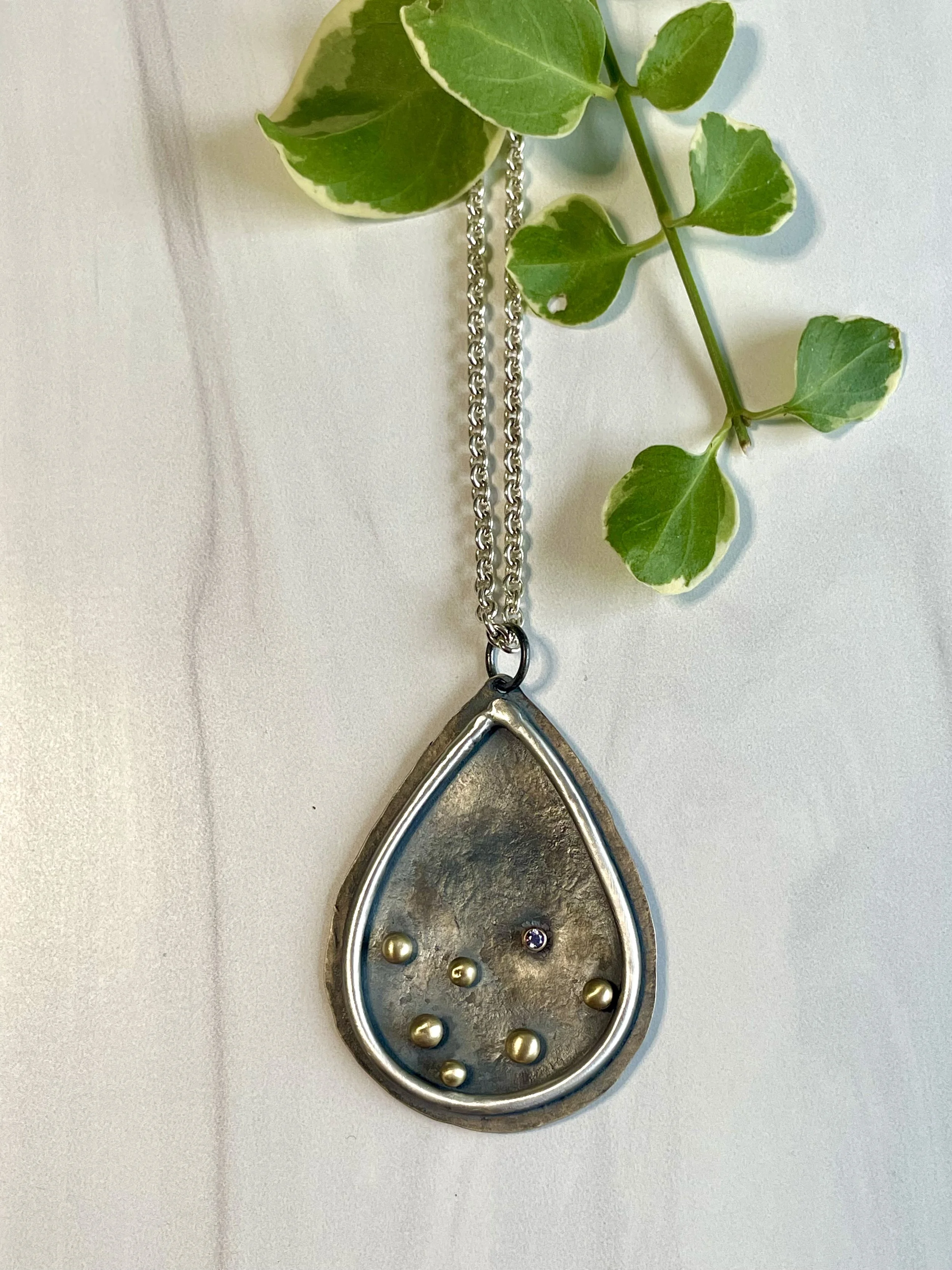 Lisa Gent - Blackened Fine Silver Tear Drop Necklace in Fine Silver, 18K Gold and Tanzanite