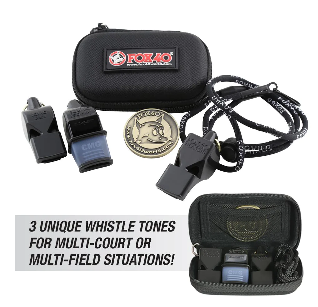 3 Pack Plus - Fox 40 Classic, Fox 40 Sonik Blast CMG, Fox 40 Pearl, Breakaway Lanyard, Tossing Coin, and Case