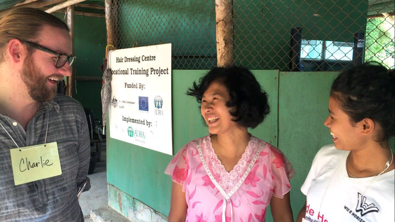 Charlie, his model Thi Dar Aung, and her daughter Kay Thi who is our translator.