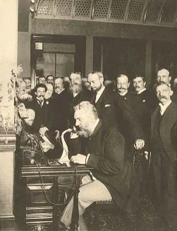 Alexander Graham Bell at the opening of the long-distance line from New York to Chicago (Library of Congress, 1892).