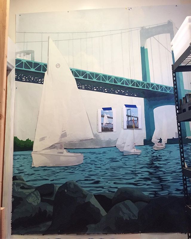 Day 2 on these 2 extremely large mural sheets! Lots-o-progress being made on my and @bradcarney &lsquo;s mural for the DRPA and @muralarts Keep an eye out, much, much, much more to come!! #artlife #publicart #history #bridge #water #painting #art #ar