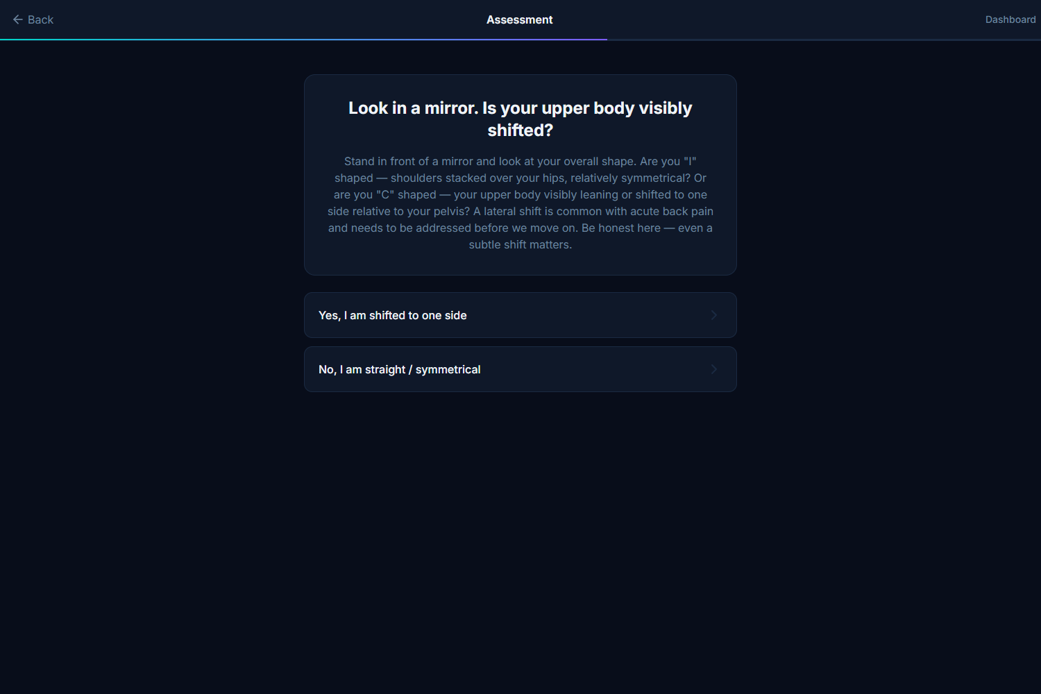 NeuroActive low-back assessment screen asking the user to check for a visible lateral shift before continuing mechanical testing.