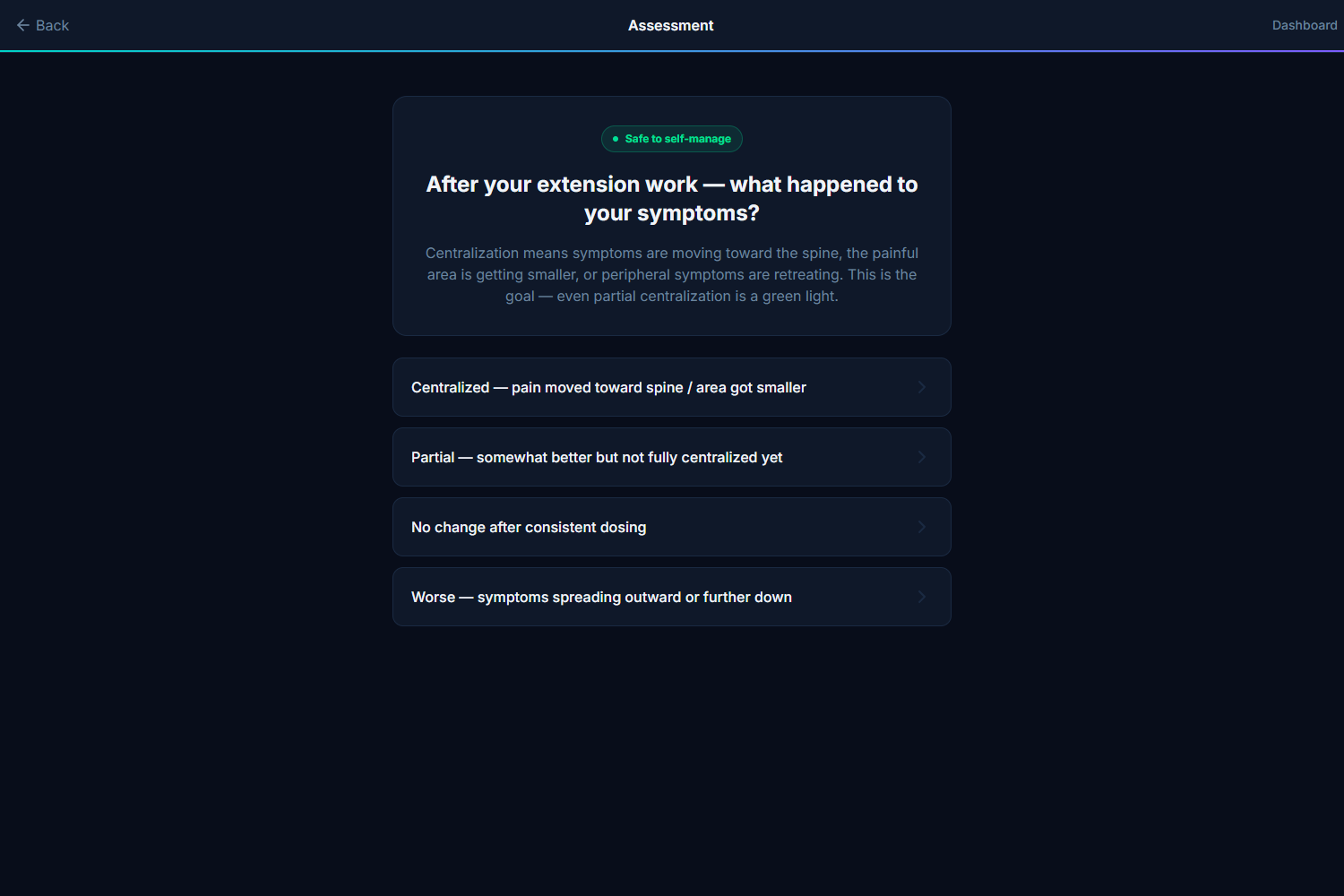 NeuroActive assessment screen asking how symptoms responded after extension testing, including centralization, partial improvement, no change, and worsening.