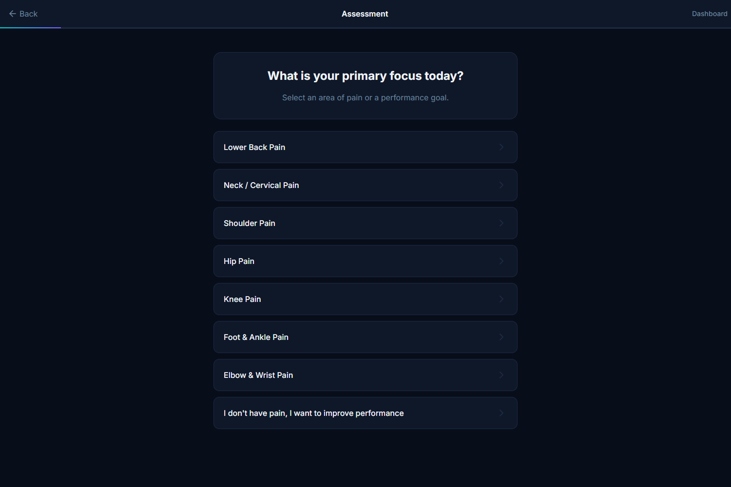 NeuroActive assessment screen showing region selection including lower back pain, neck pain, shoulder pain, hip pain, knee pain, foot and ankle pain, elbow and wrist pain, and a performance option.