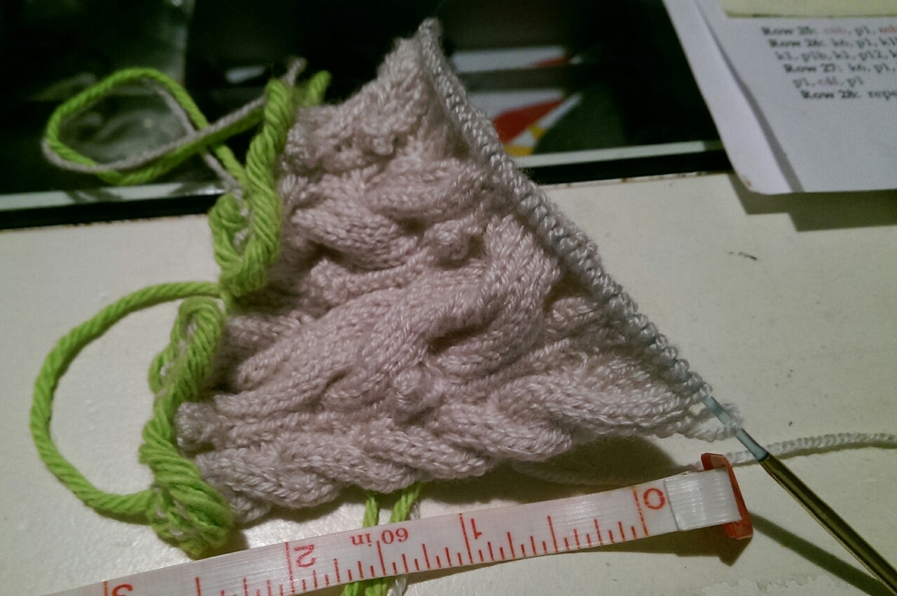 After casting on, and five cable sections into the front.