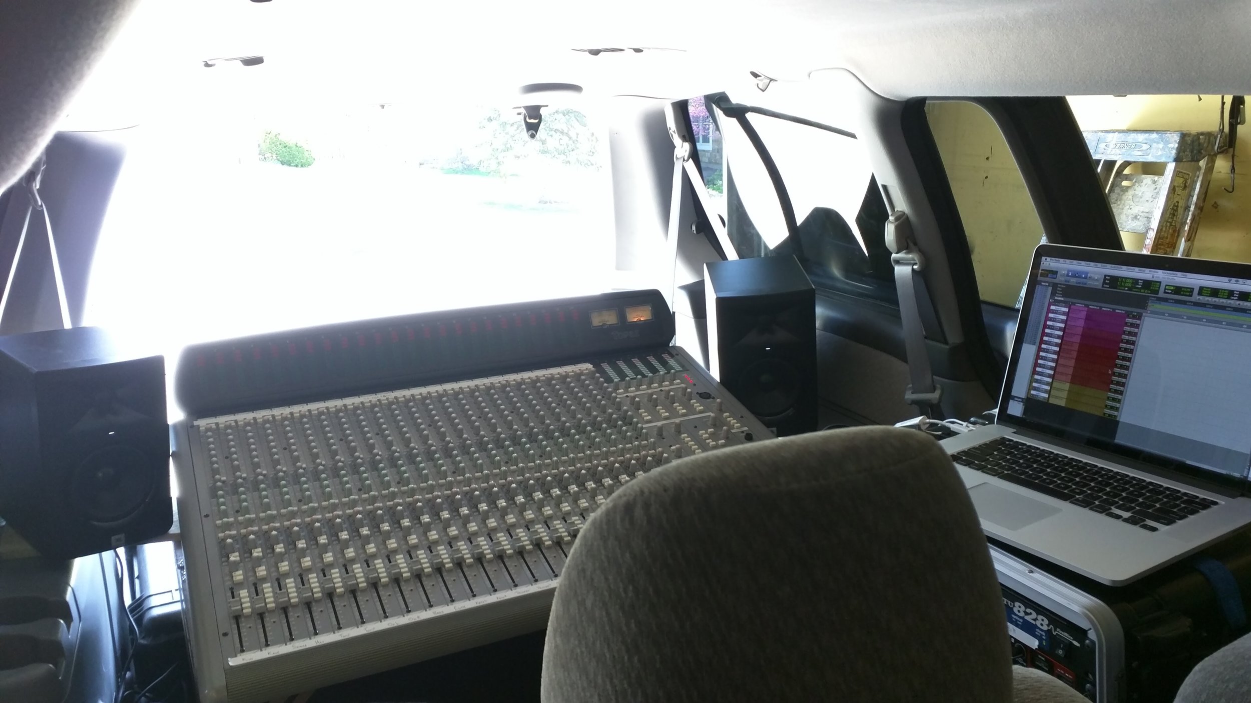 Mobile recording studio in a van for a jr high jazz band live recording