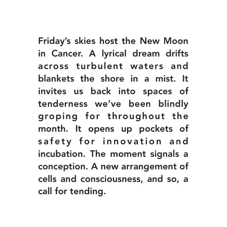 🌑 | Friday | 7.9.21
&bull;
Friday&rsquo;s skies host the New Moon in Cancer. A lyrical dream drifts across turbulent waters and blankets the shore in a mist. This is our first lunation that&rsquo;s not an eclipse and not in detriment since early May