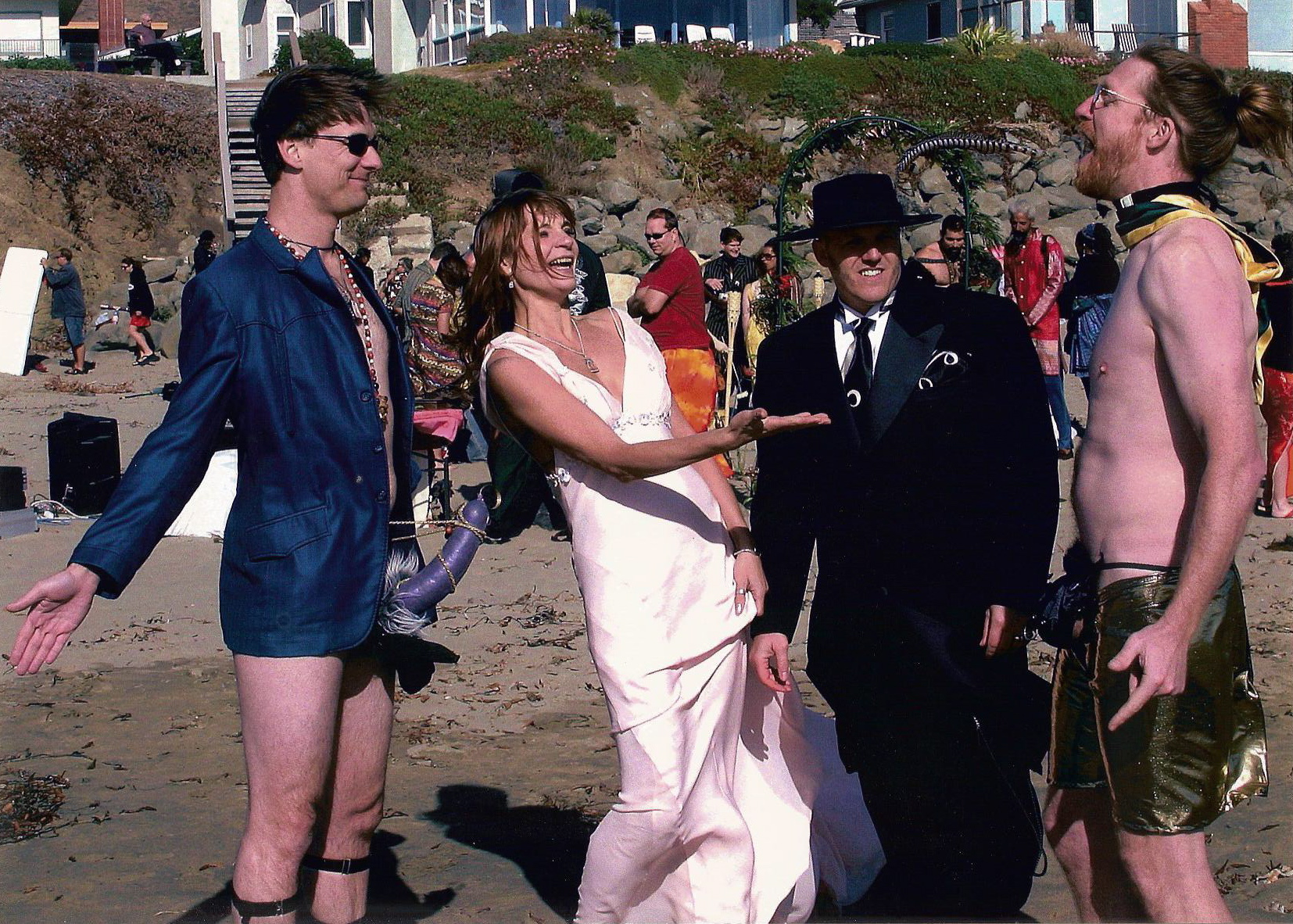 Our wedding, from left : Moorlock , Mrs. Catharine Winn, yours truly and the late, great Gregorio Redbeard Junell. October 8th, 2005. For the record, co-best man David Holthouse can be seen in the background, just to the right of cross-dressed Robert Kaye in red (above the tiki torch).