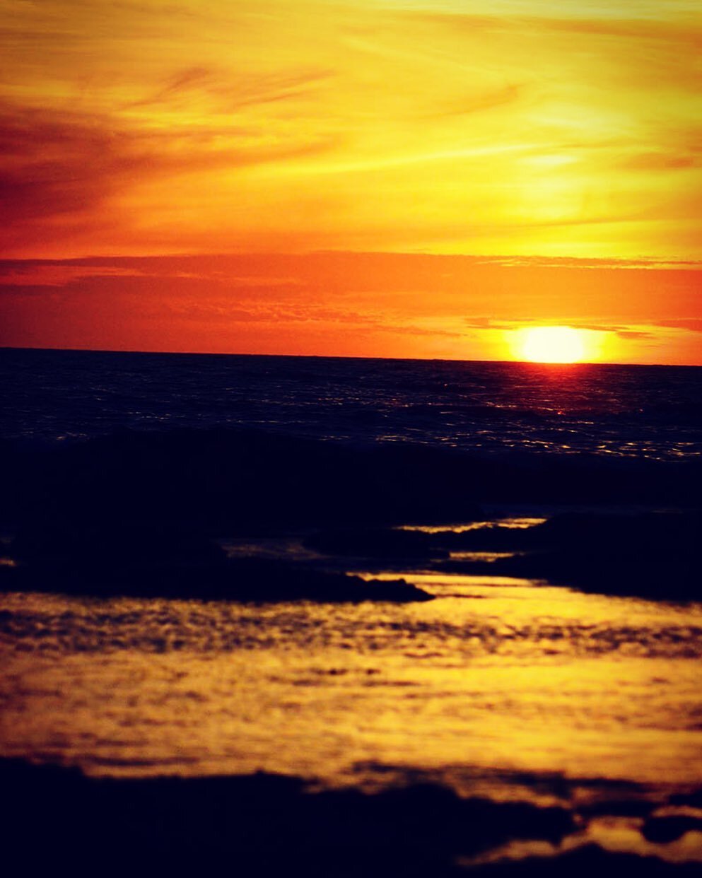 Image description: sunset. The reflective hint of tide slips toward the foreground. The dark sand ribbons just in front. A geometric of ocean just behind a black expanse, the contour of possibility. Black as birthplace of all light. The sky a halo of