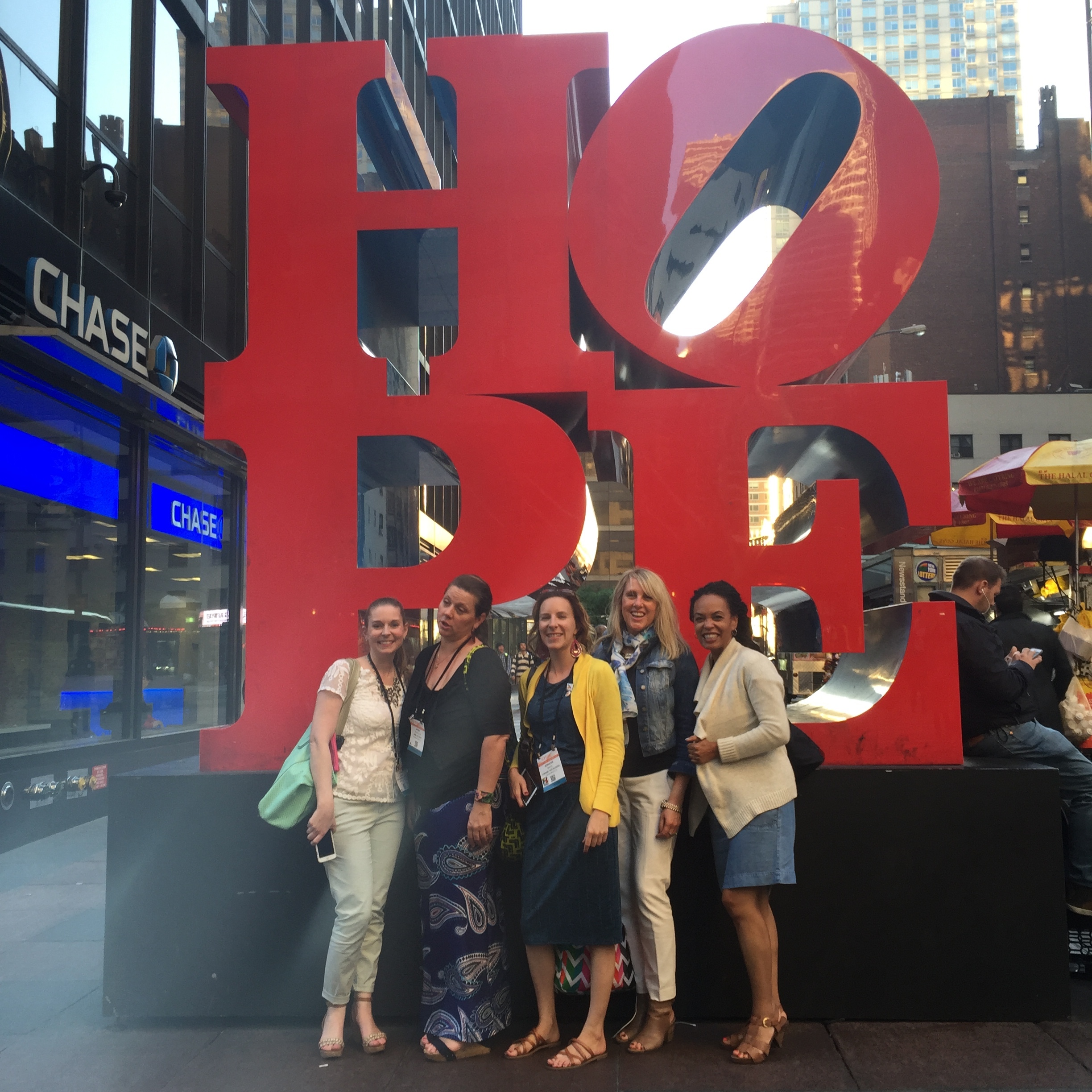 Seeing the sites in NYC. Pictured: Nicole Tamarin, Dawn Bouteilier, Jenifer Speer, Corinne Haig and Jeanetta Gonzales.